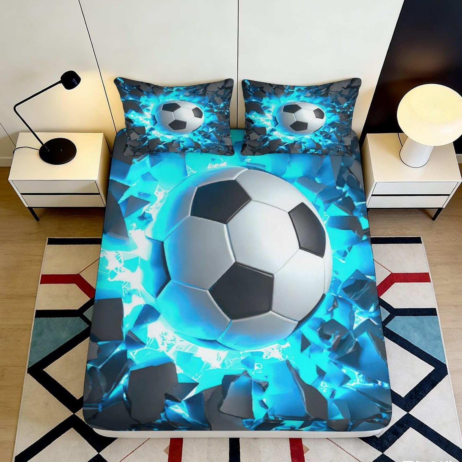3D Printed Blue Soccer Ball Fitted Sheet Microfiber Soft Breathable Cracked Wall Bed Cover for Bedroom Dorm Mattress Decor 160x200x25cm
