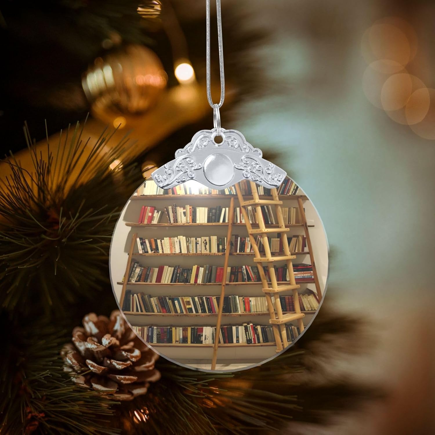 Funny Book Shelves Collection and Ladder Print Clear Glass Round Pendant with Chain,Indoor Use Decorative Pendant,Creative Decoration