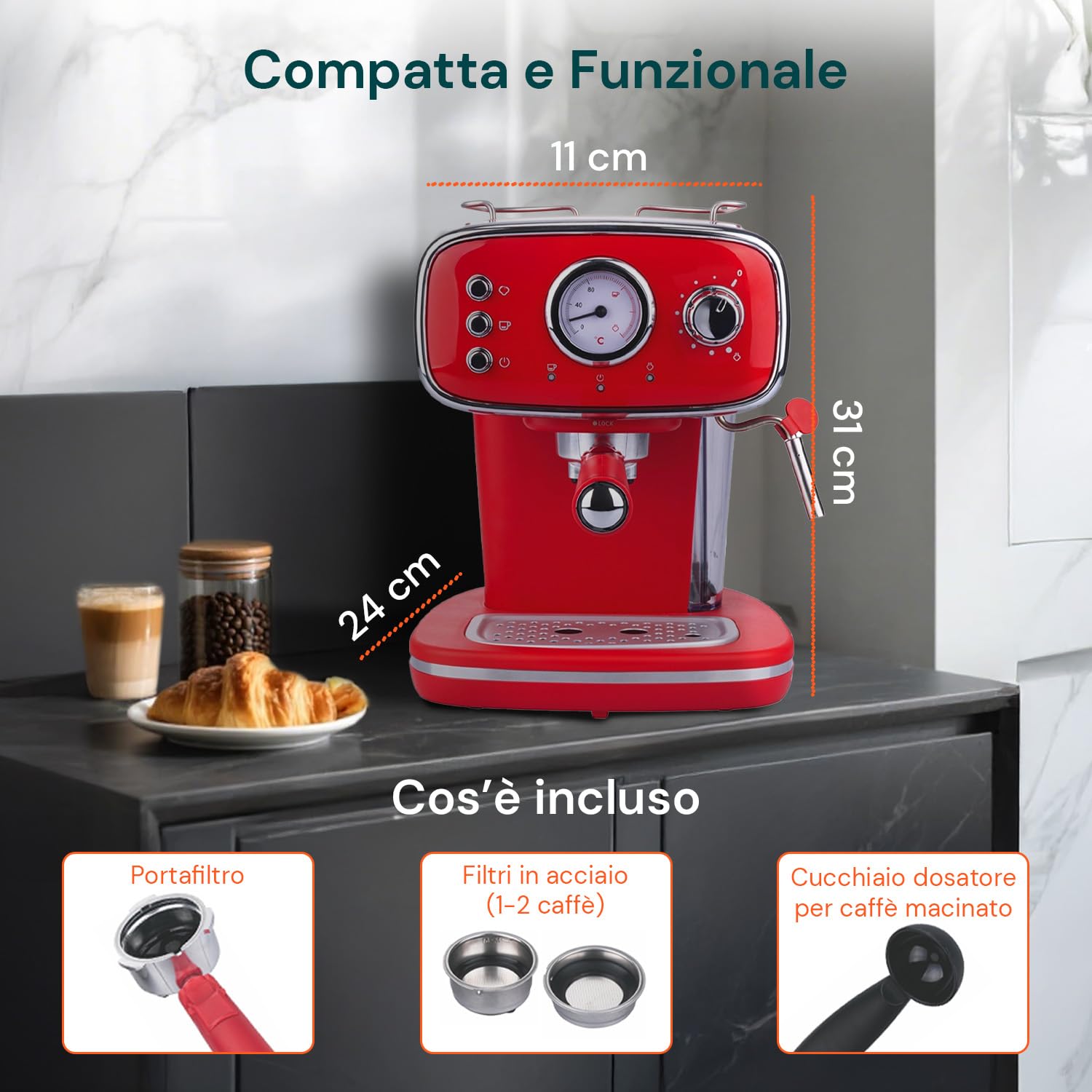 Avilia - Macchina Caffè Automatica 1100 W per Espresso e Cappuccino con Lancia Vapore, Compatibile con Cialde e Caffè Macinato, Serbatoio Rimovibile 1,2 L, Pressione 15 Bar