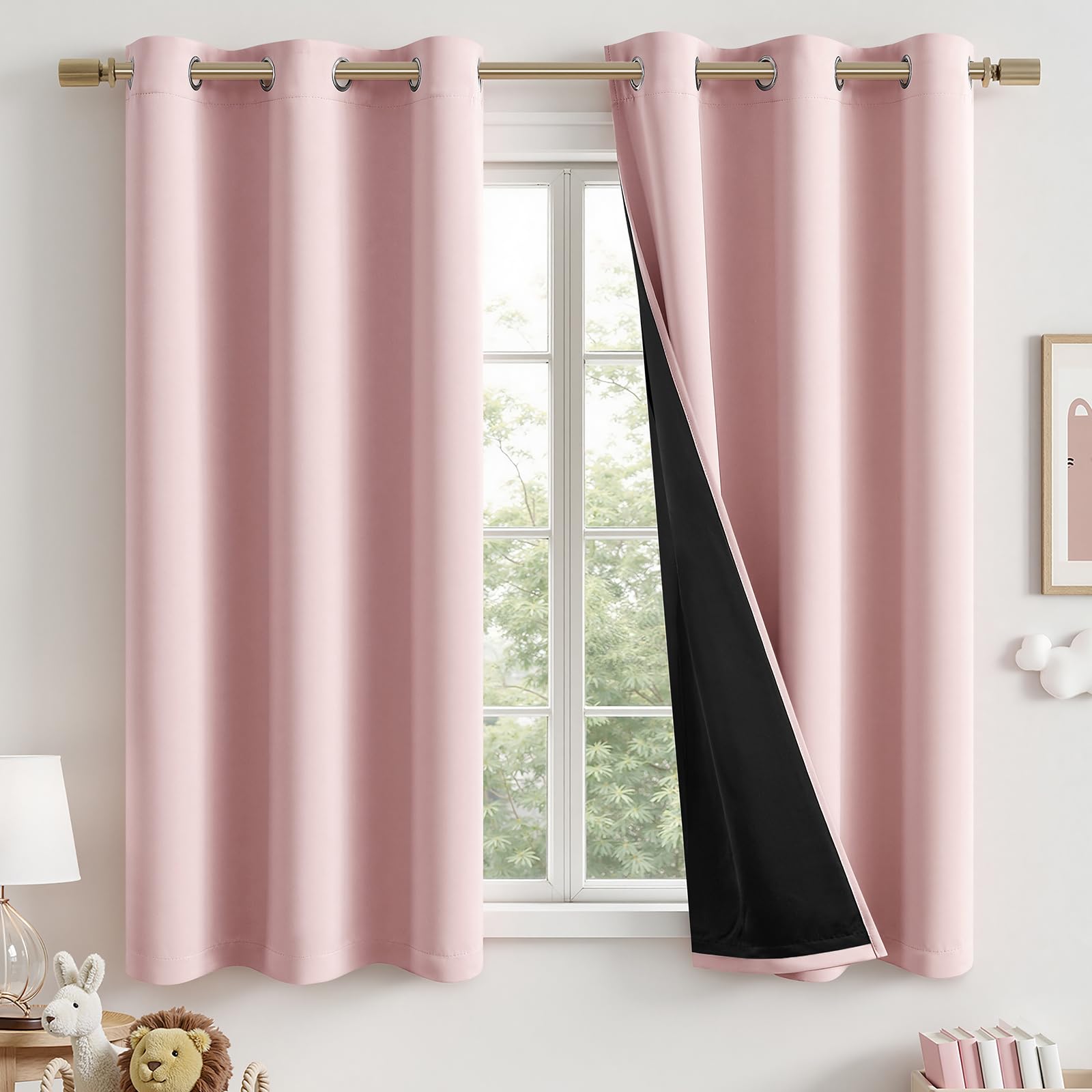 MIULEE Baby Pink 100% Blackout Curtains for Girls Bedroom 63 Inch Long, 2 Thick Layers Thermal Insulated Nursery Black Out Window Curtains with Black Liner, Noise Reducing Living Room Drapes 2 Panels - 2