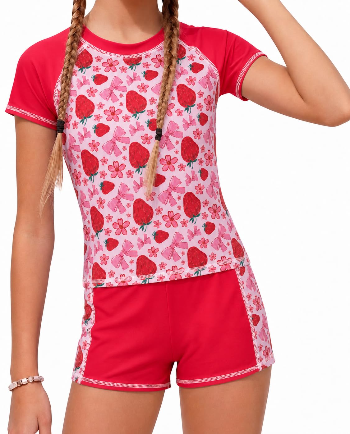 JiAmy Maillot de bain deux pièces pour enfant garçon fille maillot de bain manches courtes UV short de bain maillot de bain ensemble maillot de bain enfant 4-9 ans, Fraise rouge, 5-6 ans