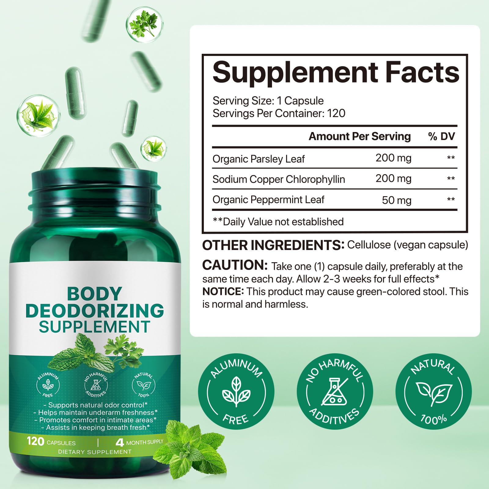 Chlorophyll Body Deodorizing Supplement 120Pcs for Digestion/Gut Health Support, Internal Deodorant Capsules for Overall Freshness, Underarms, Intimate Areas, Private Parts, Natural & Safe Formula| — Amazon image 7