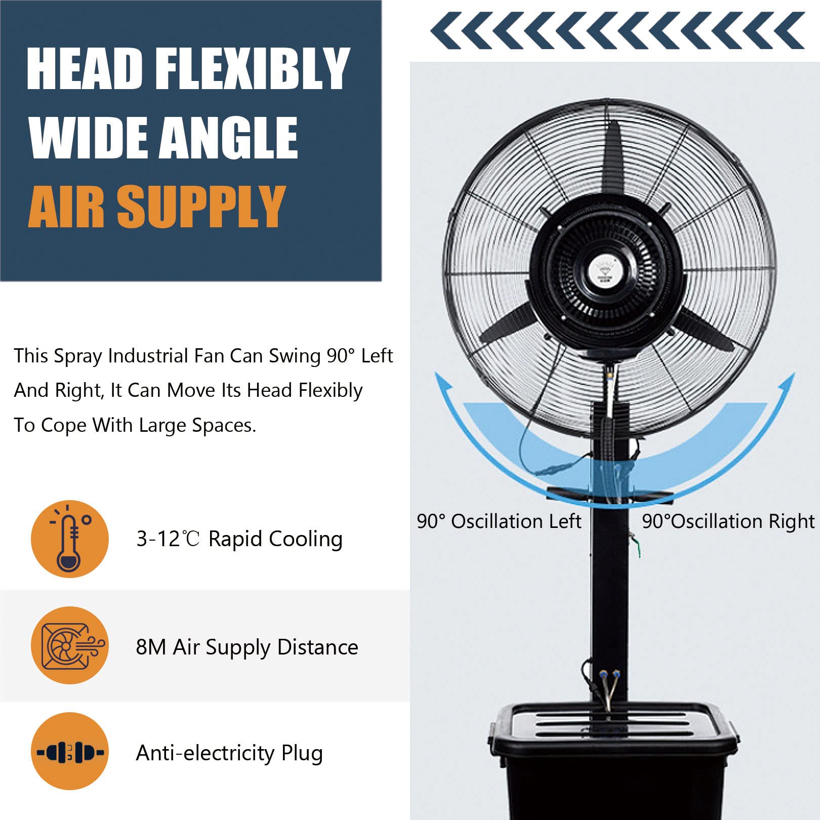 Ventilador de nebulización oscilante, ventilador de pie de pedestal resistente, ventilador de refrigeración de alta eficiencia energética con 3 configuraciones de energía (55cm/21.7in)