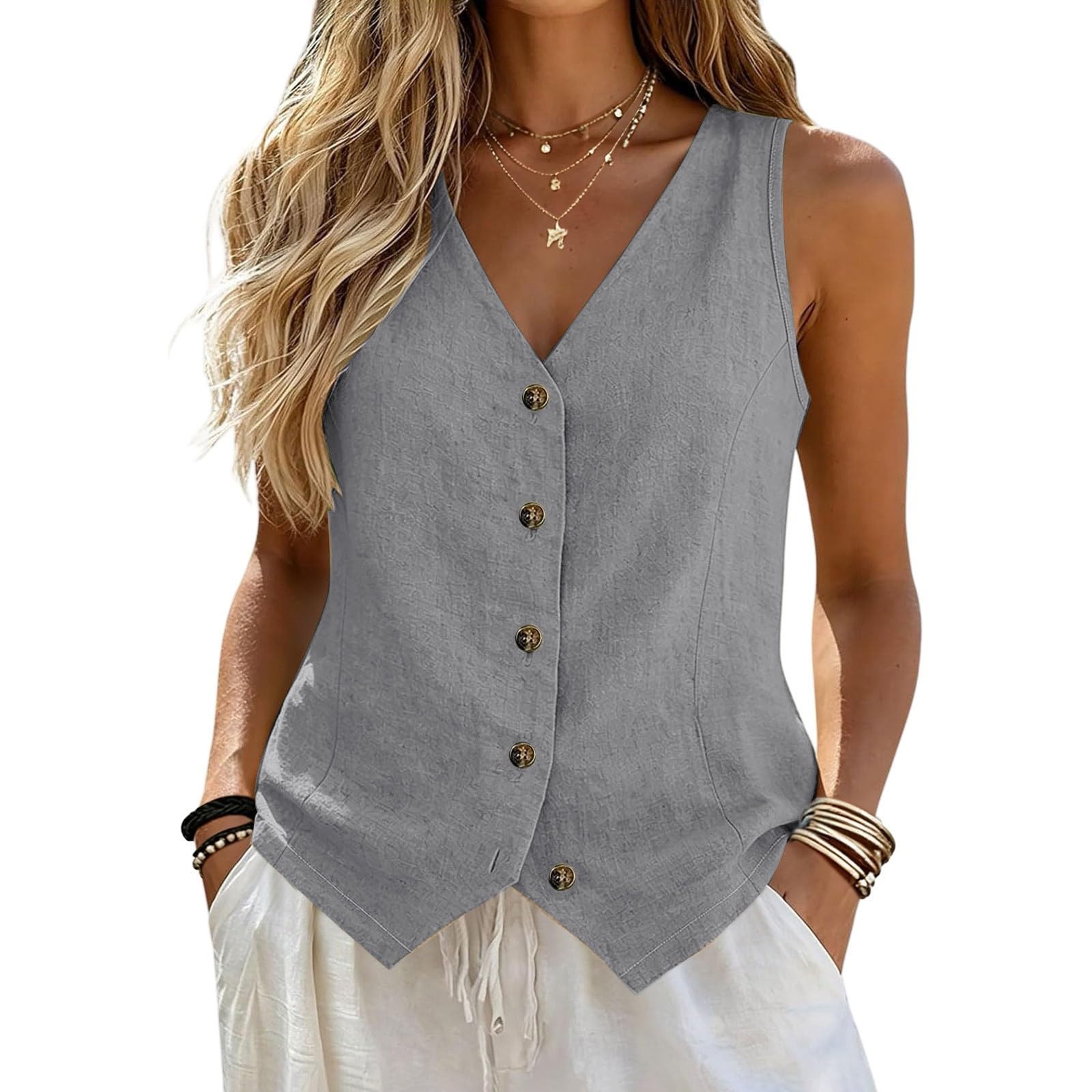 Gilet da Donna Elegante in Lino Cotone Gilet Smanicato con Scollo a V e Bottoni Top Estivo per Ufficio e Vacanza Colori Solidi Abbigliamento per Occasioni Formali Casual Moda Estivo Primavera 2026