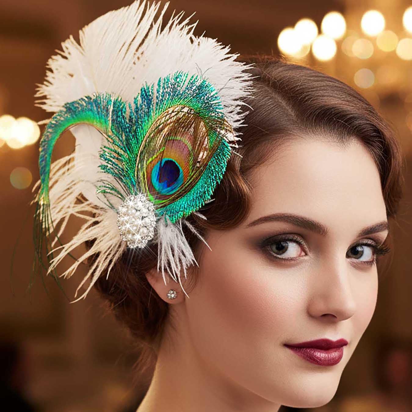 Yokawe 1920s Peacock Feather Hair Clip White Flapper Fascinator with Pearls & Rhinestones, Gatsby Headpiece for Women, Parties & Weddings(A)