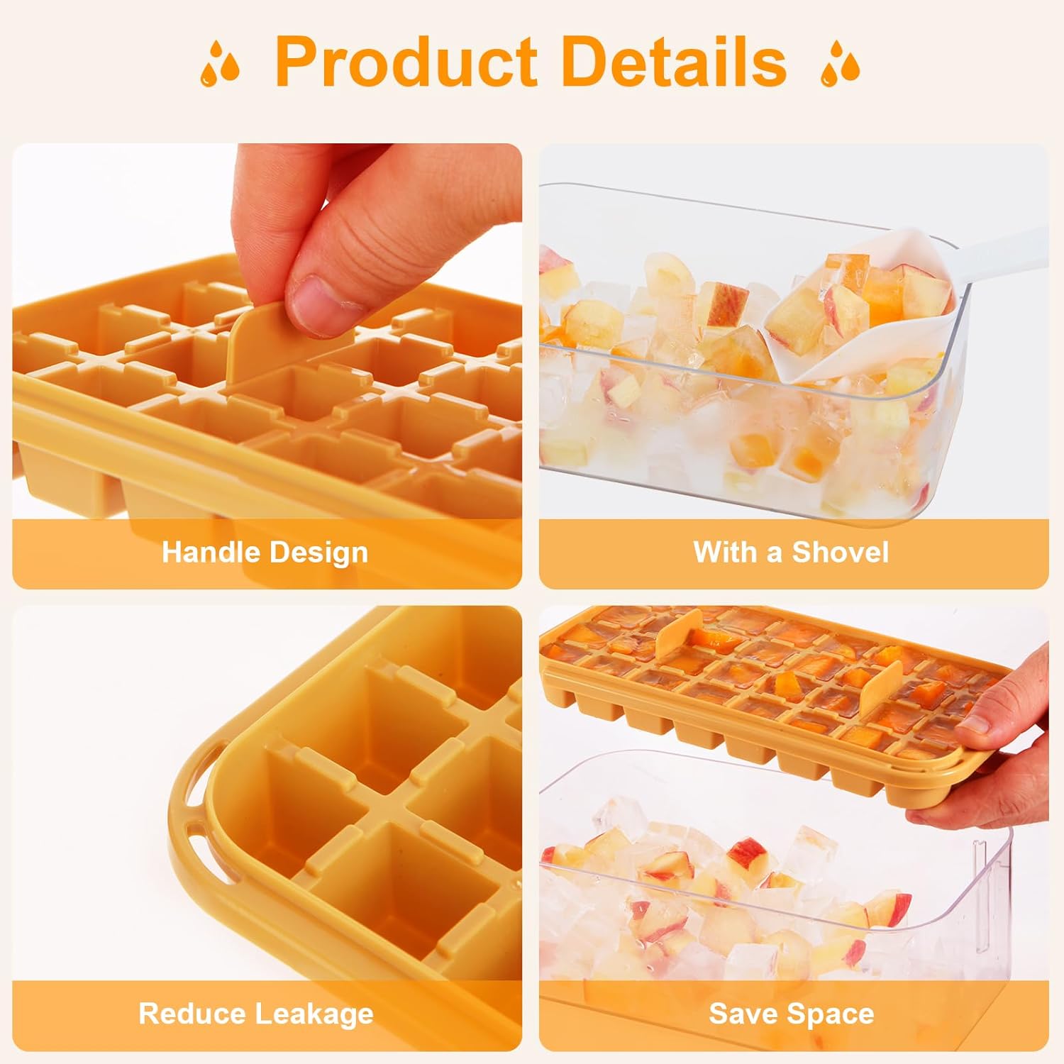 Ice Cube Tray with Lid and Bin, 2 Pack Ice Trays for Freezer, 64 PCS Ice Cube Mold with Ice Container Box & Ice Scoop for Whiskey, Cocktail, Tea, Coffee, DIY, Orange