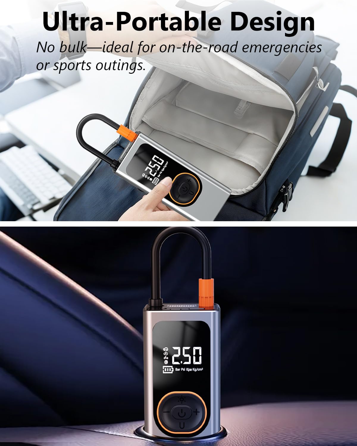 Compresor de Aire Portátil 6000mAh – Inflador Eléctrico 150 PSI Mini Bomba de Aire con Pantalla LCD Digital, Linterna LED, Power Bank y 4 Boquillas para Coches, Motos, Bicicletas Pelotas