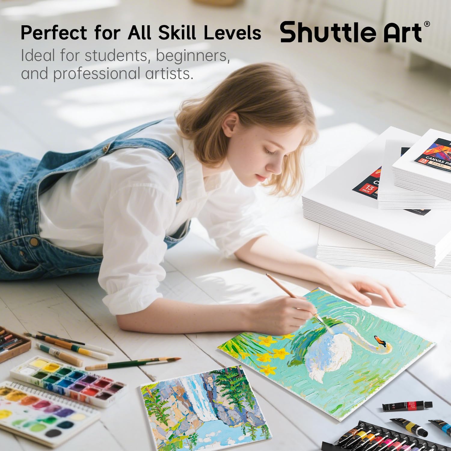 Shuttle Art Acrylic Painting Bundle, Set for 18 Colors Acrylic Paint Pouch (120ml/4oz) + 52 Multi Pack Painting Canvas Panels