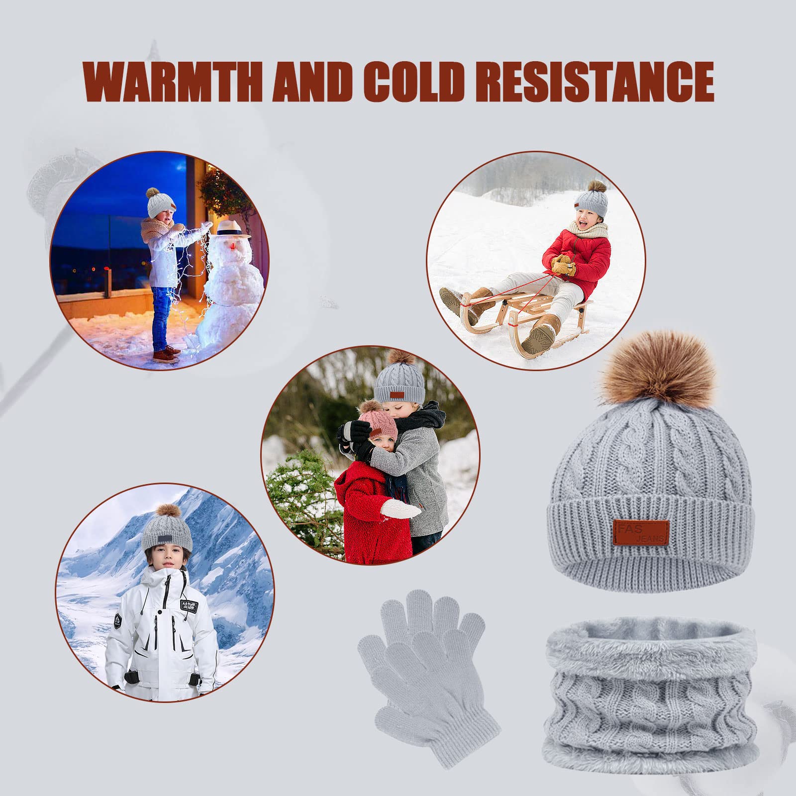 MIVAIUN Gris 3 Piezas Gorro de Punto Invierno Térmico con Guantes y Bufanda Forro Polar Niños Set Accesorios de Invierno para Chicos Bufanda de Ganchillo Gorro de Punto Chicos 3-5 Años