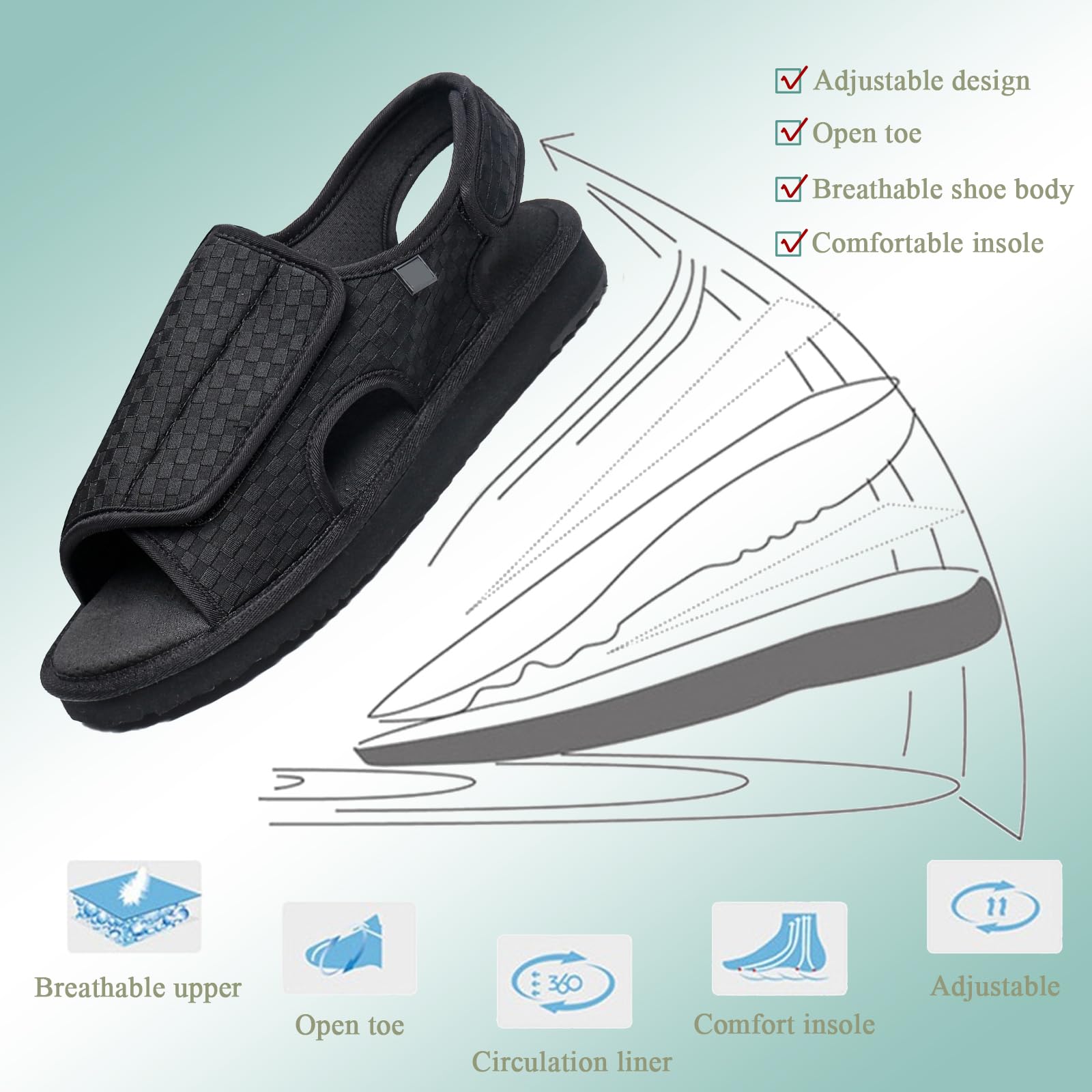 Sandali Donna Pantofole Uomo, Traspirante Regolabili Antiscivolo Sandali per Diabetici, Extra Wide Comode Scarpe di Riabilitazione per gli Anziani