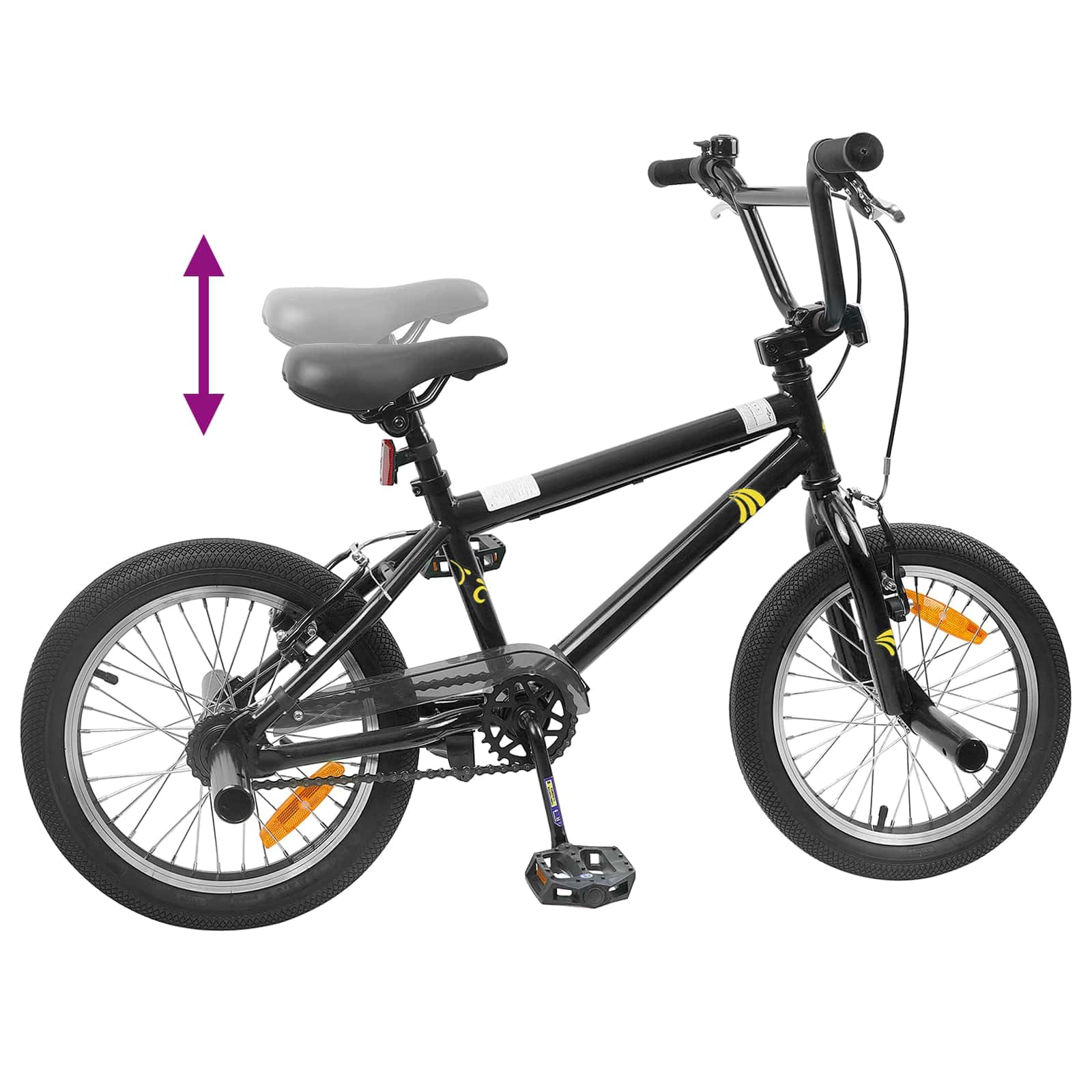 Vélo BMX pour enfant noir avec cadre en acier, selle et guidon réglables, freins à traction linéaire, adapté pour les loisirs, l'entraînement, la mobilité sur le terrain et la ville