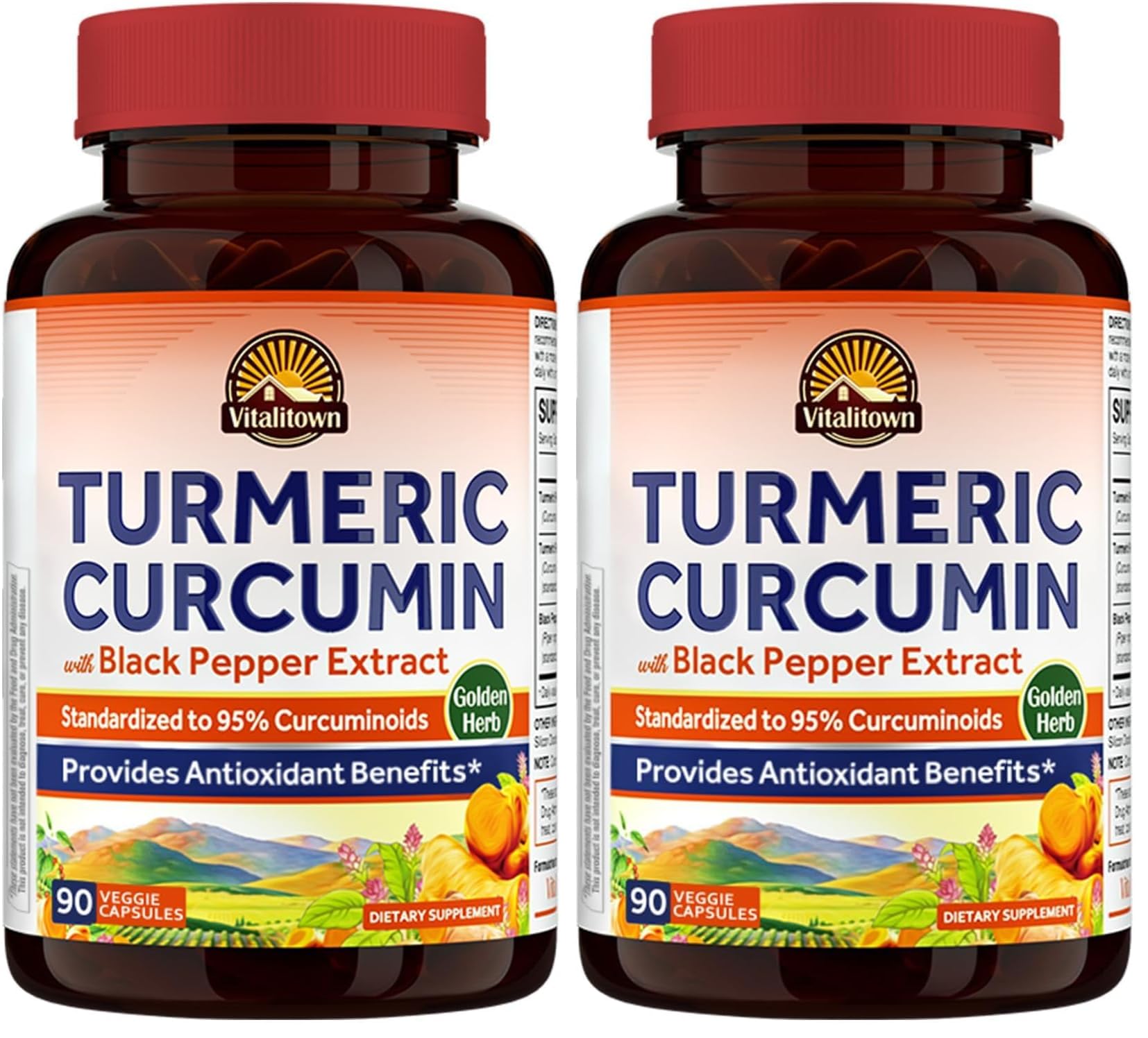 Vitalitown Turmeric Curcumin Root + Black Pepper, 1800MG, India Grown, 95% Standardized Curcuminoids, Ultra Potency, 2000% Absorption, No Lead or Gluten, Vegan Support, 90 ct (Pack of 2) 90 Count (Pack of 2)