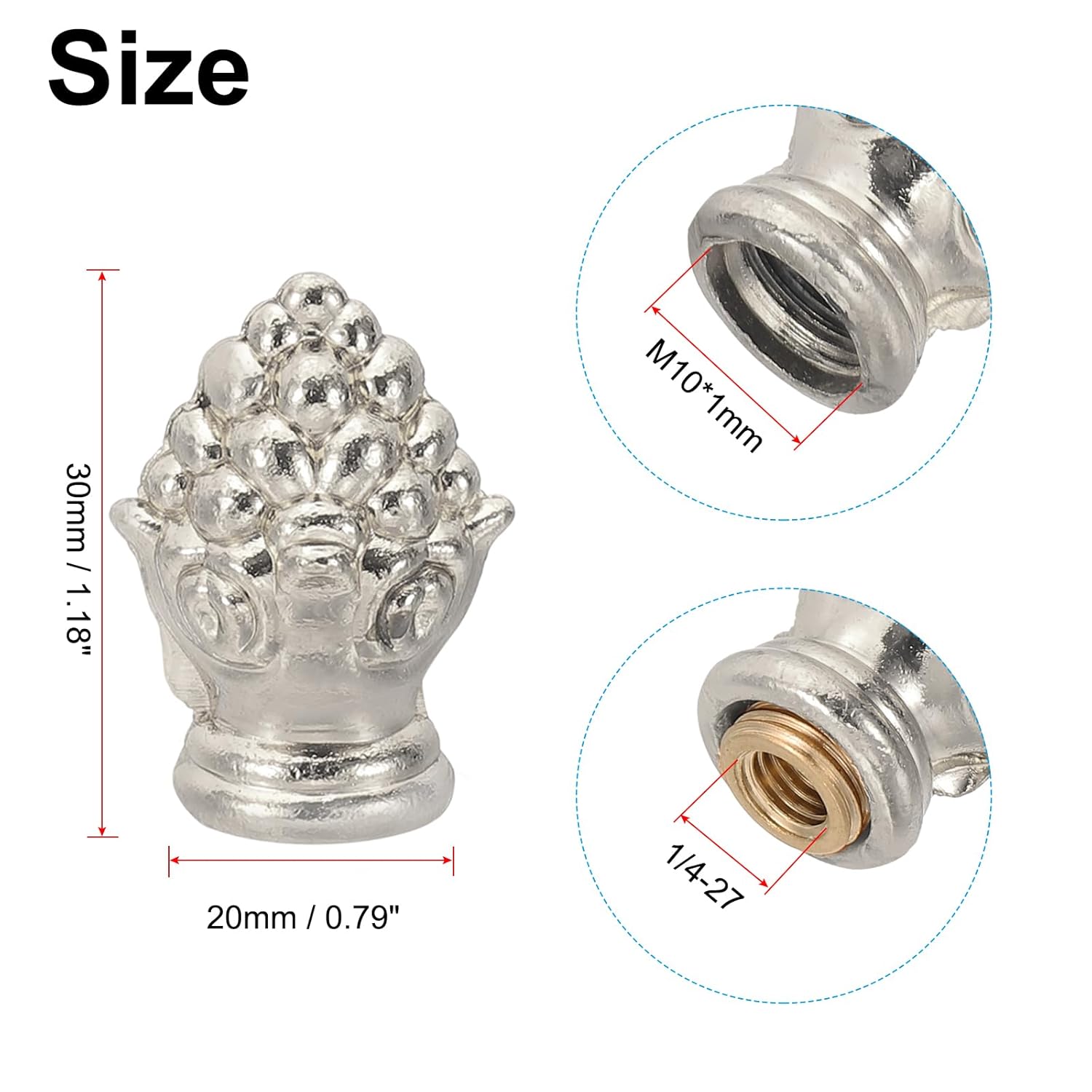 PATIKIL 30 x 20mm Lamp Finials Caps Knob, 2 Set Solid Lamp Shade Top Decoration Screw Cap Nuts with Brass Reducing Adapter for Table Lamps Floor Lamps, Nickle Color