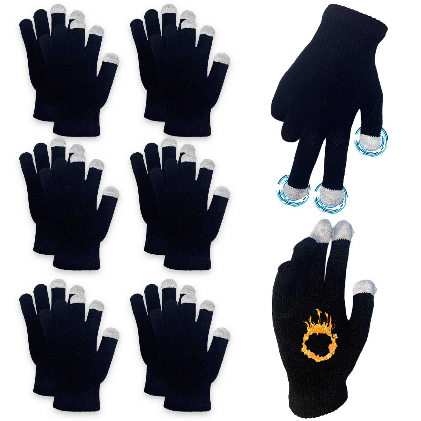 6 Pairs Knitted Magic Winter Gloves, Touch Screen Fingers Thermal Mittens for Cold Weather, Unisex Stretchy Black Warm Gloves for Indoor Outdoor