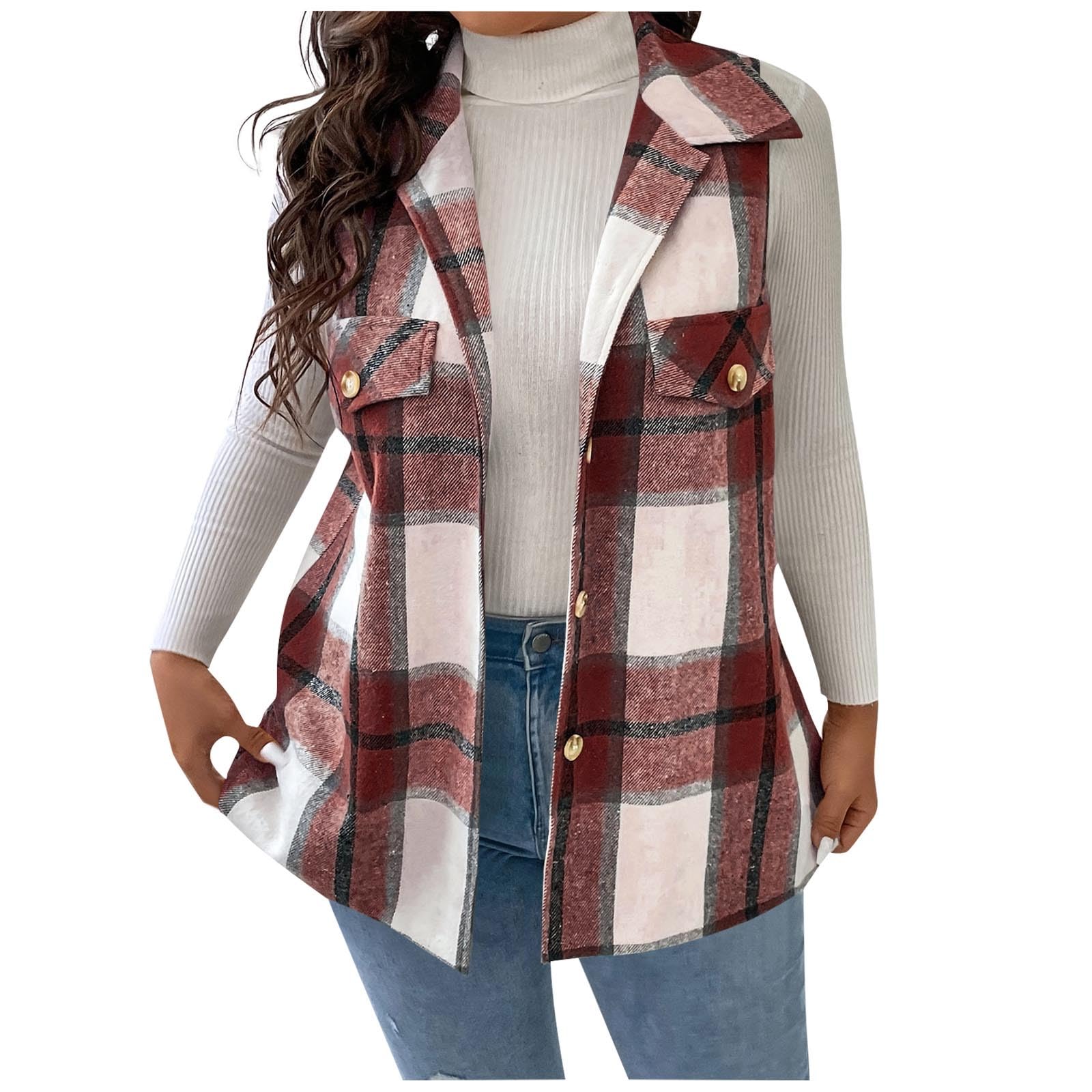 Womens Plaid Vest Button Down Lapel Neck Brushed Flannel Sleeveless Shacket Shirt Jacket Waistcoat with Pockets