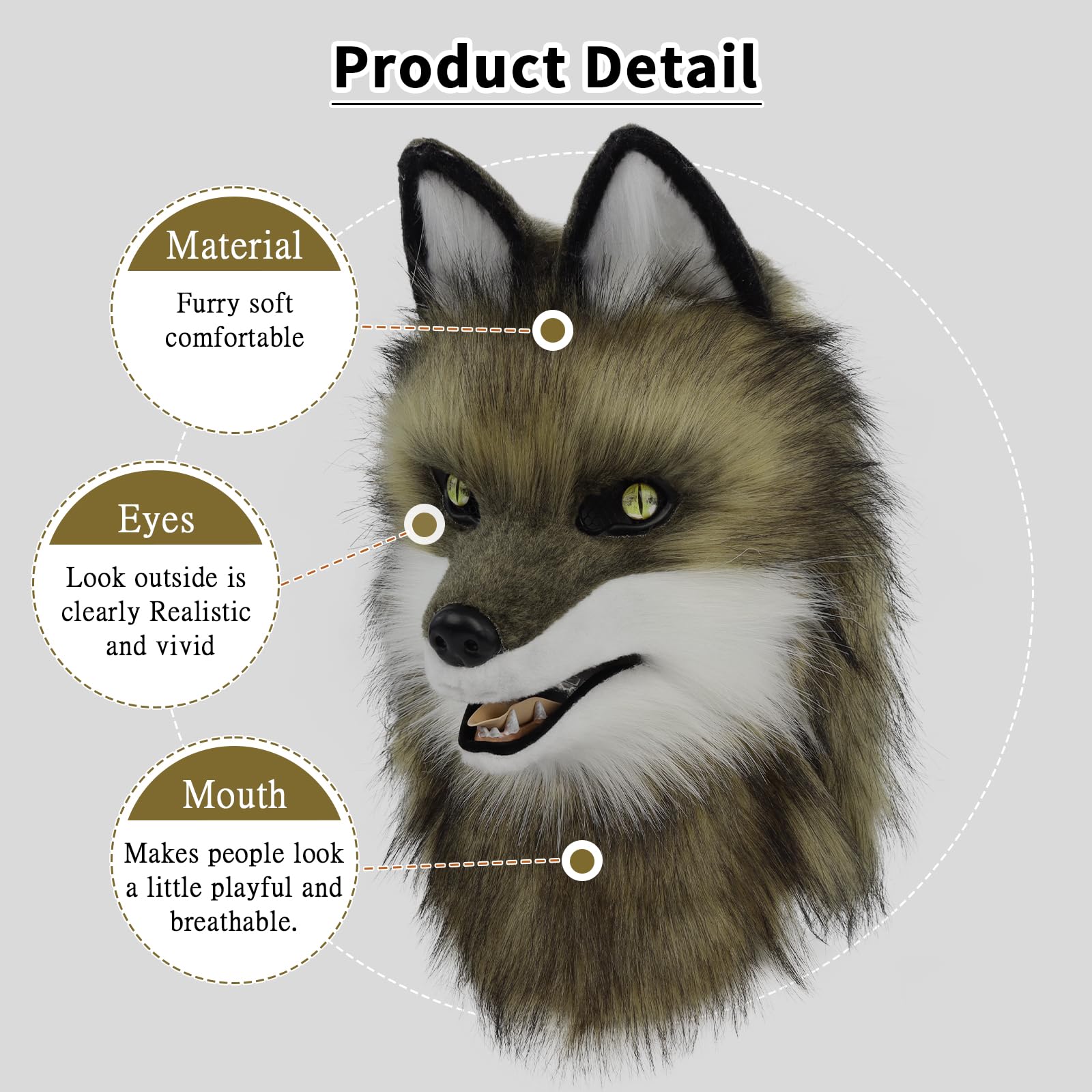 PPFINE Animal Faux Fur Wolf Dog Furry Full Head Mask Cosplay Costume Accessories for Halloween Party, Grassyellowwhite - Image 4
