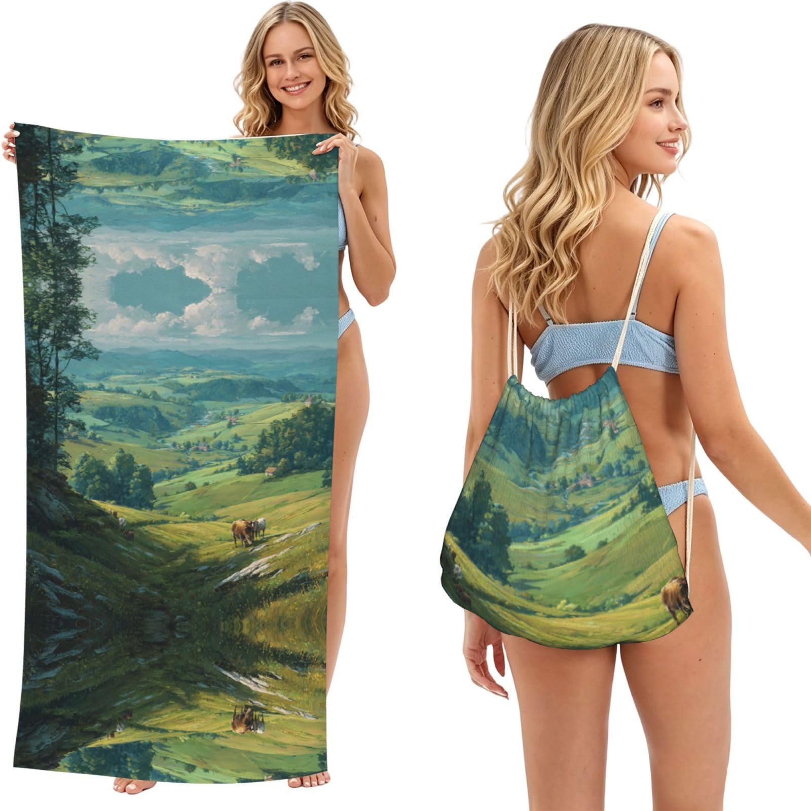 ESNAIUVCD Pastoral Scenery Print Beach Towel For Adults,Towel With Drawstring Bag, Travel Pool Swimming Sports Shower Sand Free Quick Dry Bath Towel For Pool, Beach, Yoga- 180x60cm
