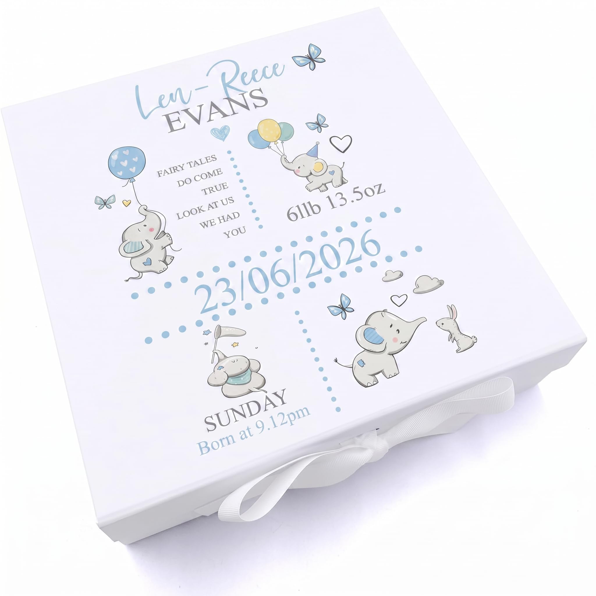 ukgiftstoreonline Personalised Baby Boy Elephants Design Keepsake Memory Box (Large)