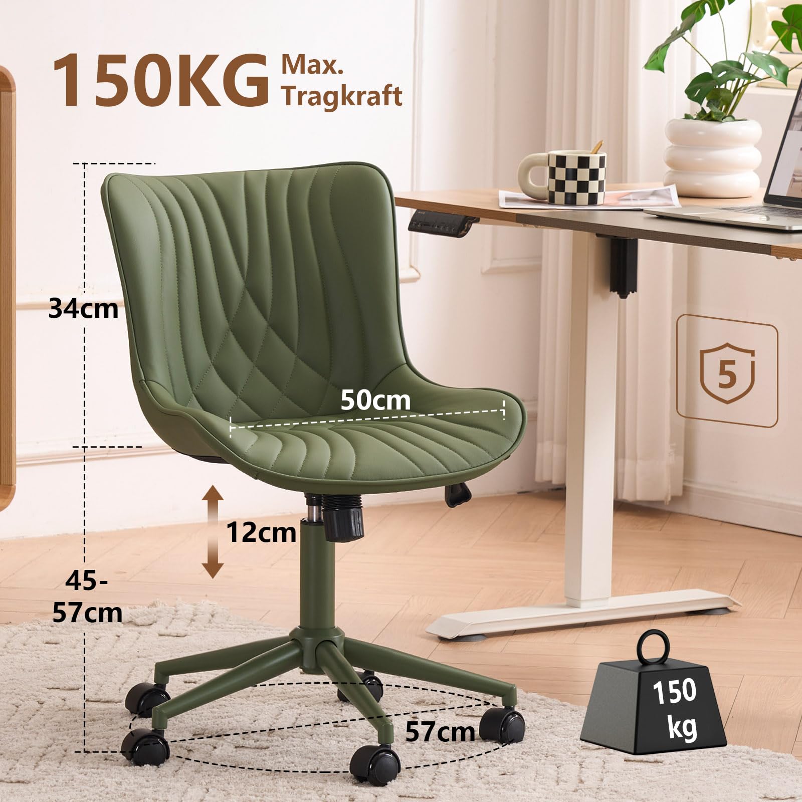 YOUTASTE Sedia da ufficio, ergonomica, design a coda di pesce, sedia da scrivania girevole con ruote, regolabile in altezza e funzione basculante, per ufficio e ufficio, tutto verde oliva