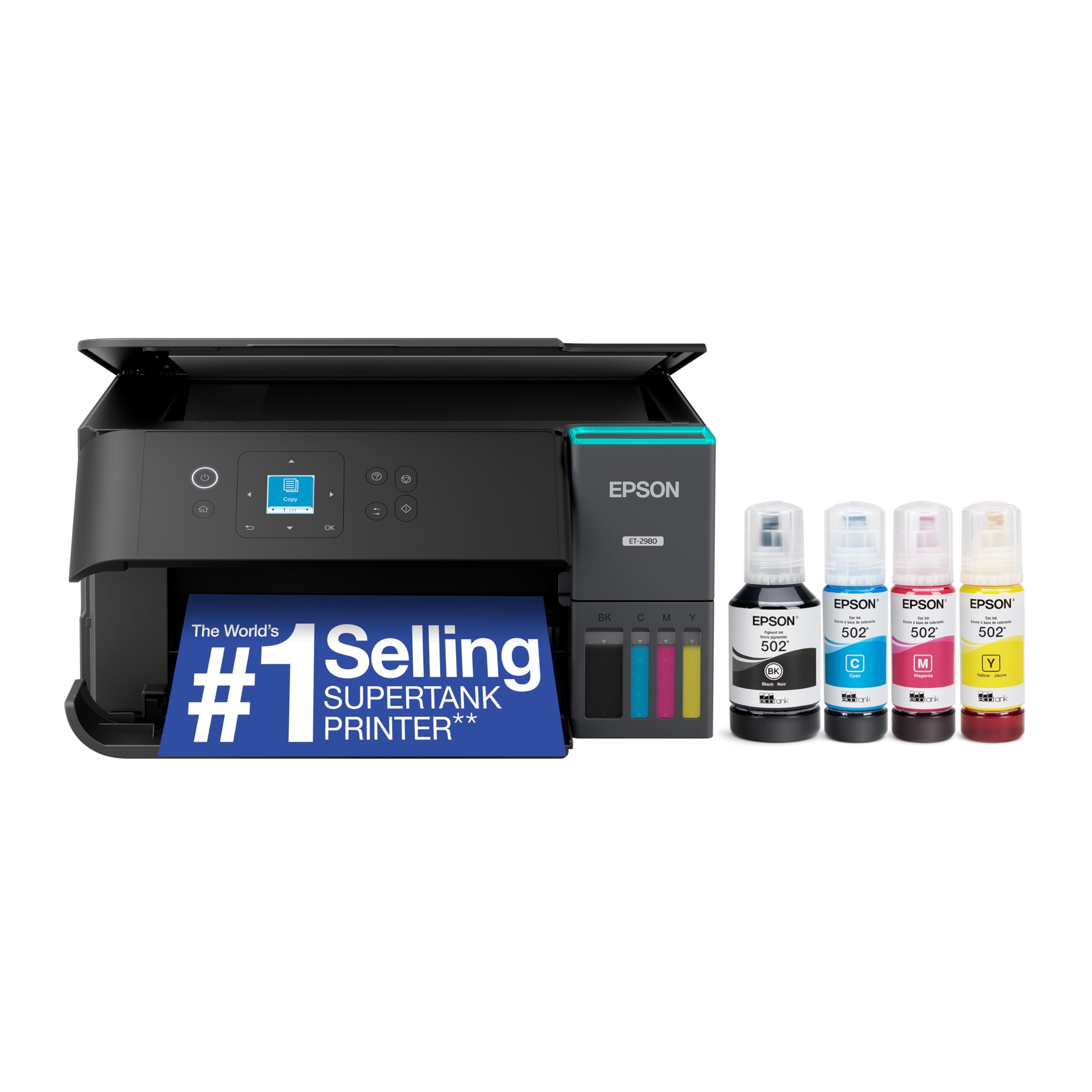 Epson EcoTank ET-2980 Wireless All-in-One Color Supertank Printer with up to 3 Years of Ink, Refillable Tanks, Perfect for Home, 15 PPM, 1.44