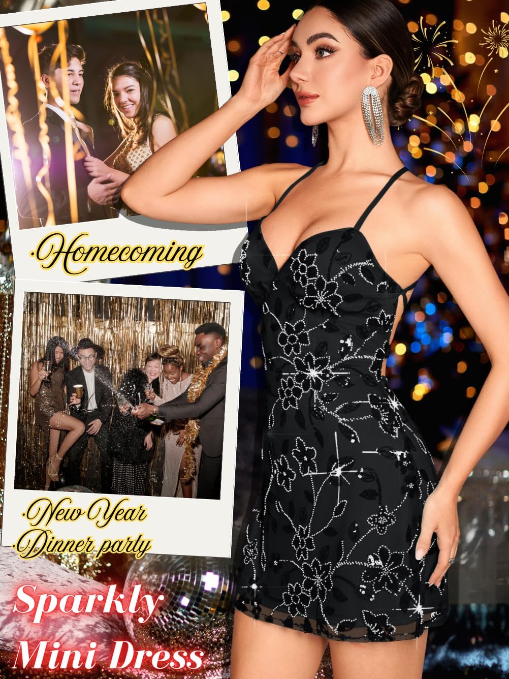 Beaded Sequin Dress,Backless Floral Mini Dresses for Women,Homecoming Cocktail Party Sparkly Outfits - Image 3