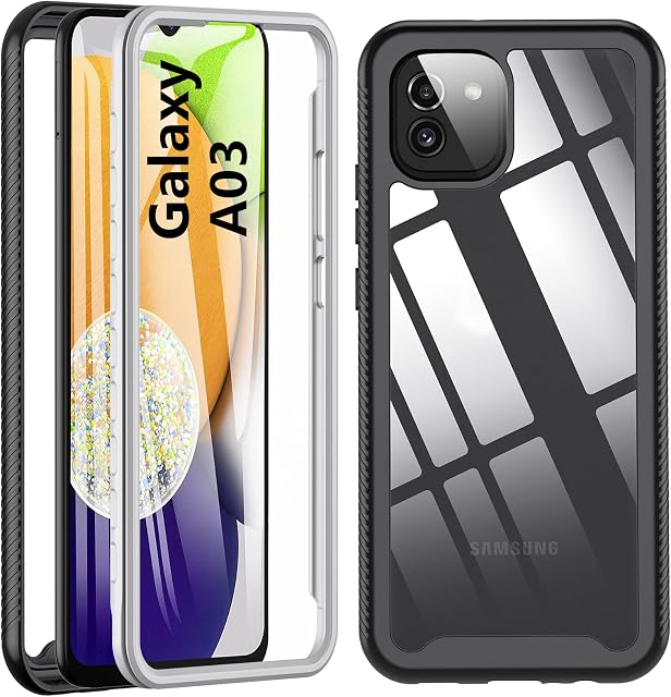 Hensinple For Samsung A03 Case, Galaxy A03 Case, Shockproof 360°Full Body Protection [with Built-in Screen Protector] Hard PC TPU Military Grade Rugged Cover Phone Case for Samsung Galaxy A03 Black
