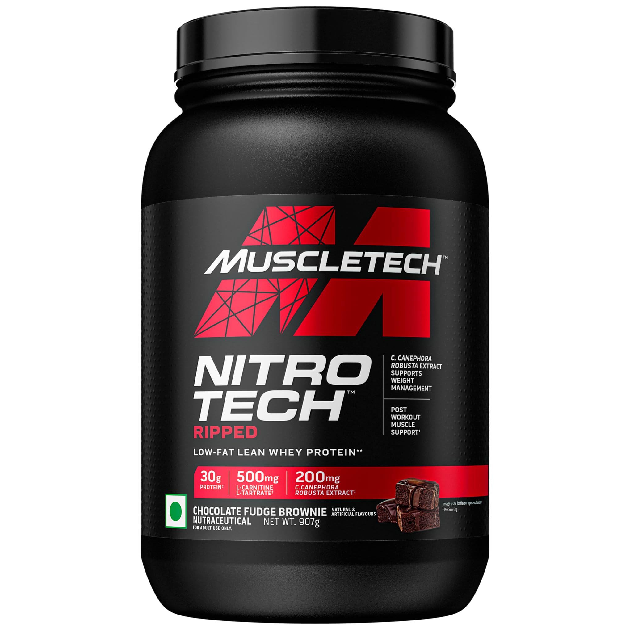 Nitrotech Ripped,907G (2Lbs),Chocolate Fudge Brownie,Low Fat Lean Whey Protein,+ Weight Management,30G From Whey Protein,500G (L-Carnitine & L-Tartrate),200Mg C