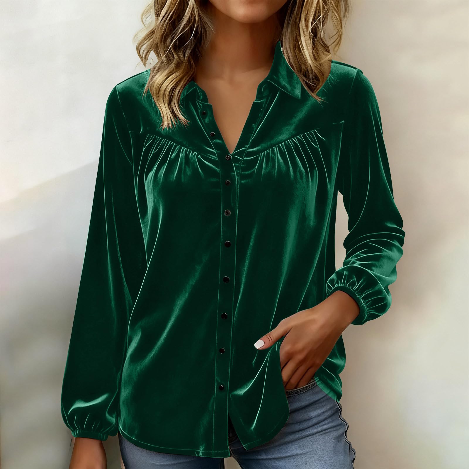 KHIRVWL Top Donna in Velluto Unito Scollo a V Maniche Lunghe con Bottoni Blusa Glitter Casual Cerimonia Maglia Brillantini Tops Capodanno da Sera Maglione con Paillettes Donna per Feste e Serate