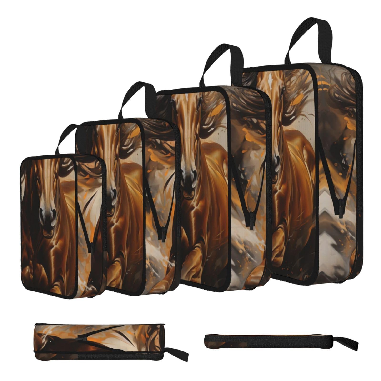 Sxzvvbn Black Running Brown Horse Compression Packing Cubes 4 Piece Set