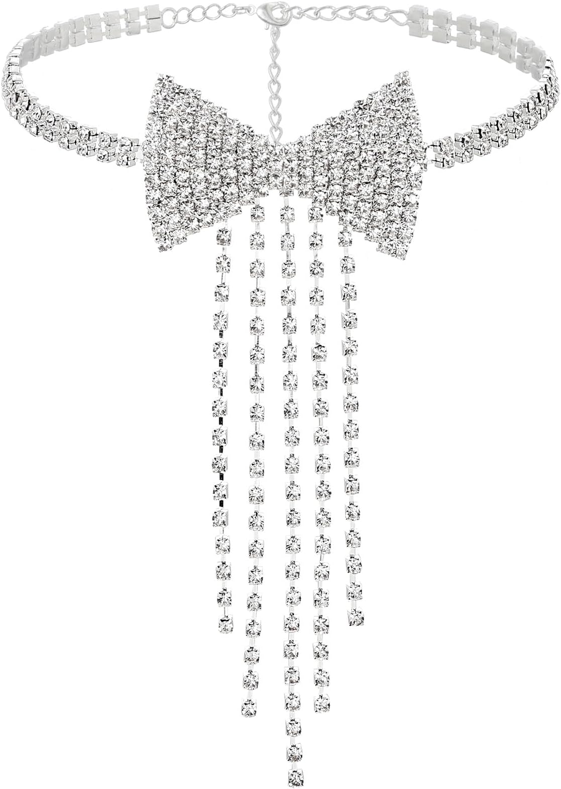 ELABESTRhinestone Bowknot Necklace Sparkly Tassel Choker Bow Tie Tennis Chain Party Nightclub Jewelry for Women and Girls