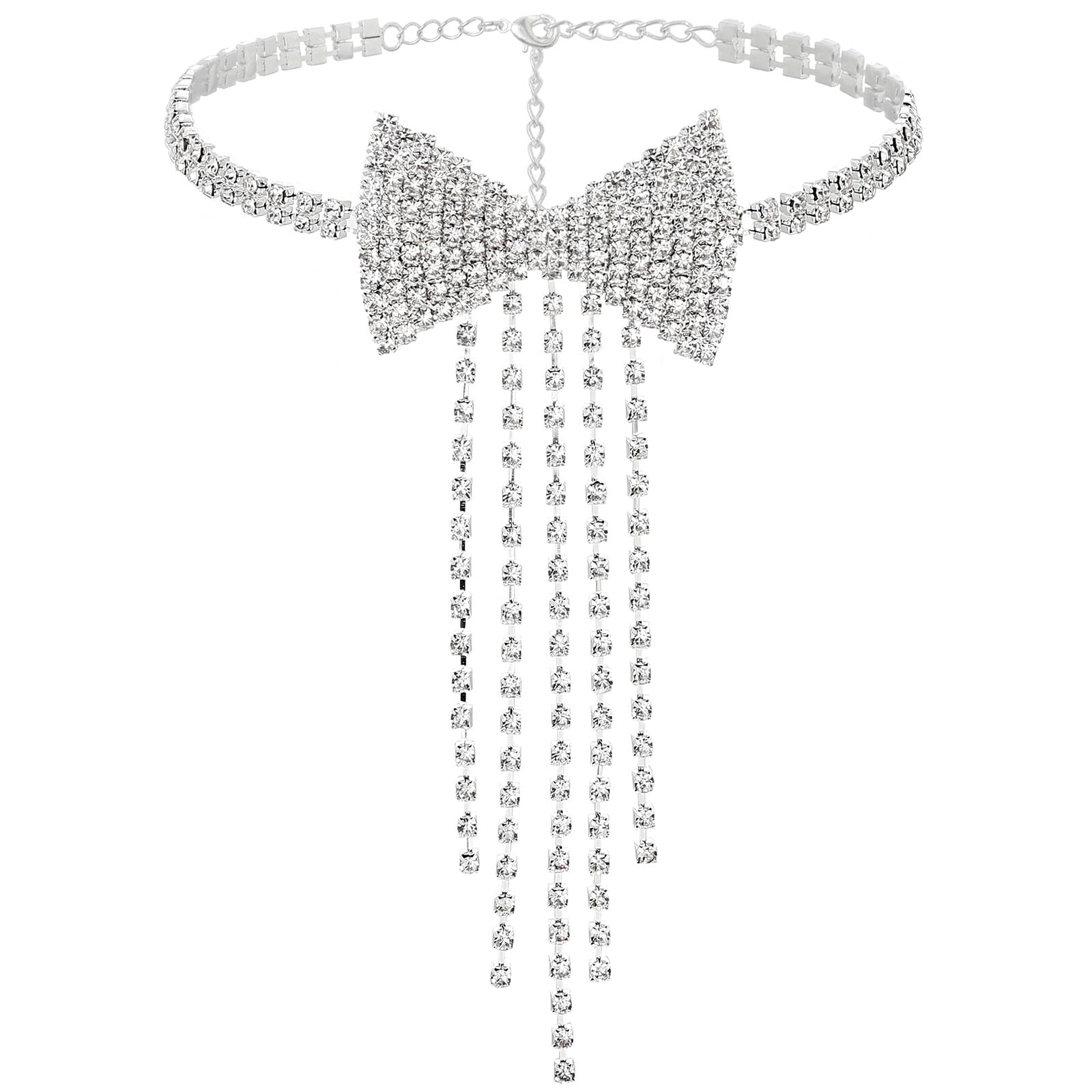 ELABESTRhinestone Bowknot Necklace Sparkly Tassel Choker Bow Tie Tennis Chain Party Nightclub Jewelry for Women and Girls