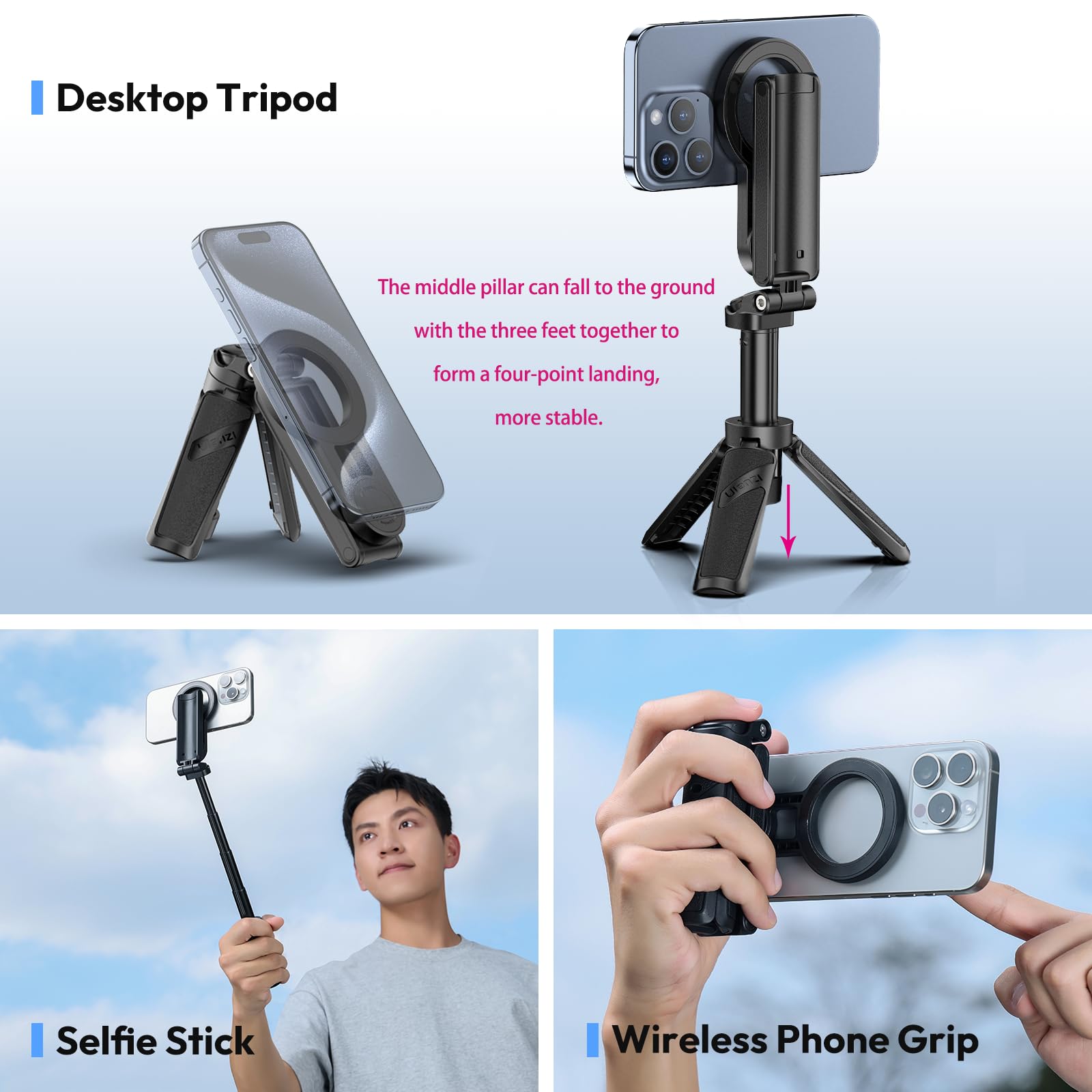 ULANZI JJ03 Magnetic Mini Tripod for Phone with Remote, 3-in-1