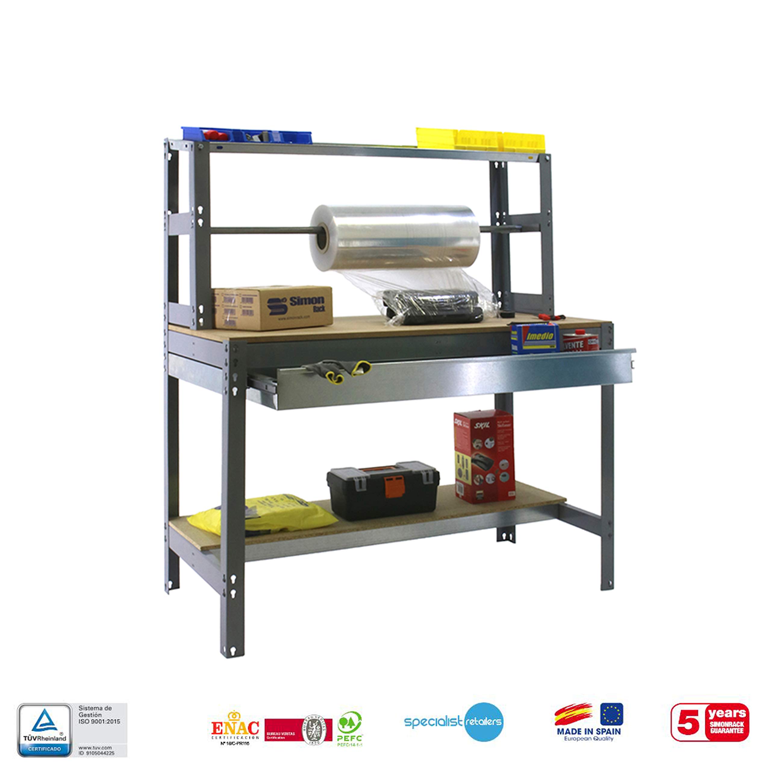 Simon Rack Banco de Trabajo con Porta Rollo y cajón 1210x760 mm - BT4 | Tablero madera 16 mm, Capacidad Carga 600 kg, Gris , Pintura anticorrosión, Montaje sistema clic
