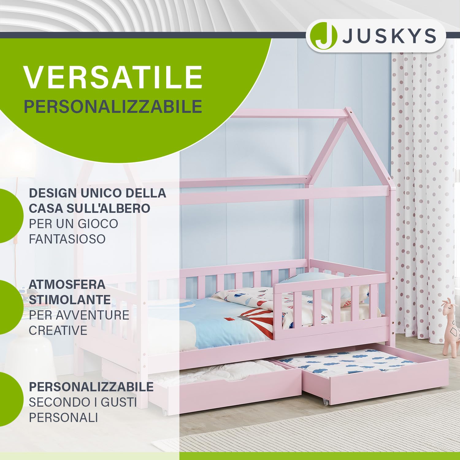 Juskys letto per bambini Marli da 80x160 cm con due contenitori, protezione anticaduta, rete a doghe e tetto - Letto a casetta in legno massiccio per bambini - Letto in rosa