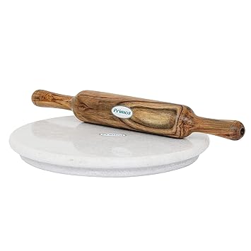 Primed 10 Inch White Marble Chapati Maker With 12 Inch Wooden Rolling Pin/Chakla Belan