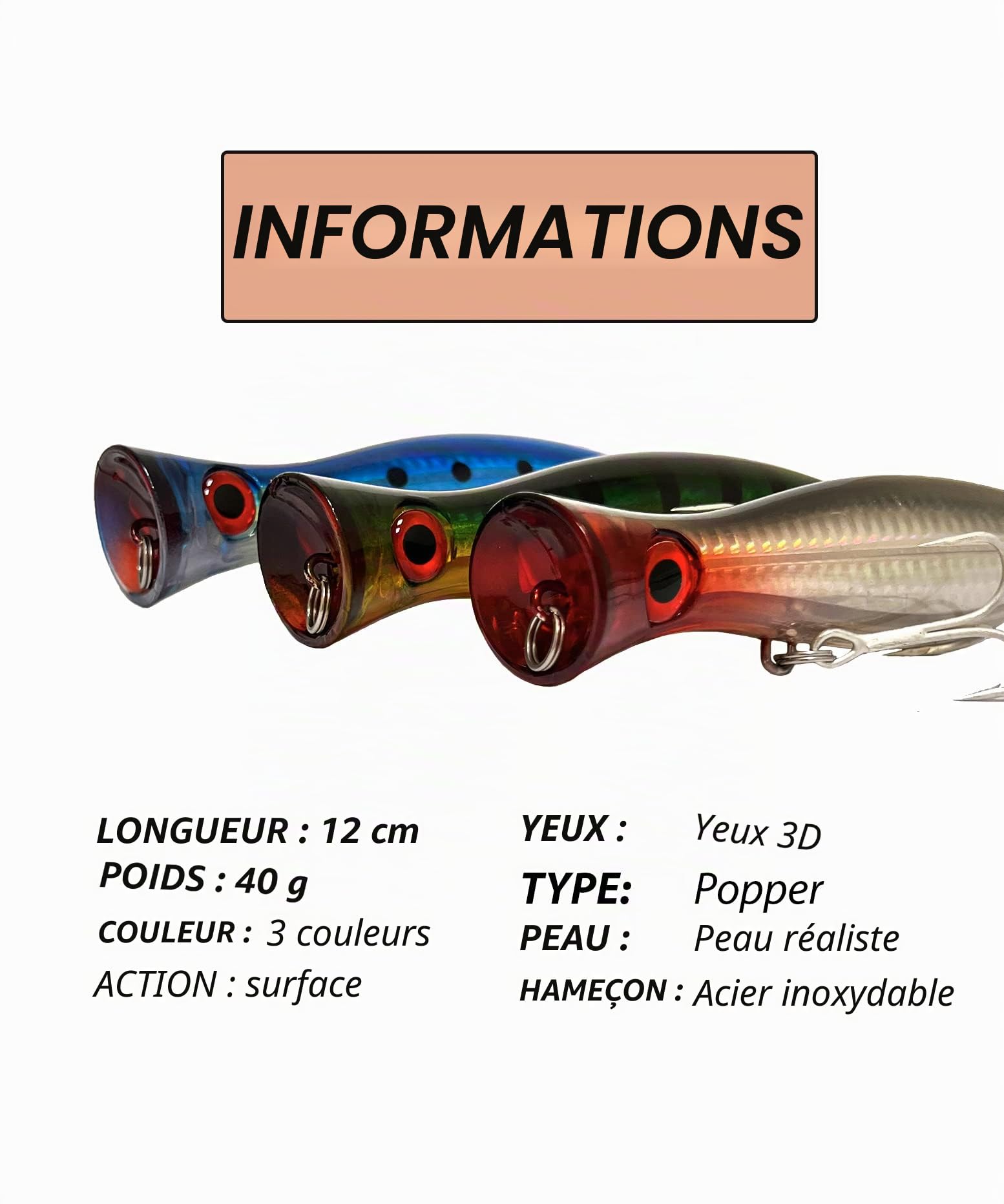 Leurres de pêche en surface Popper - Pack de 12 cm et 40 grammes - Flottants artificiels pour brochet/bass noirs/bar - mer