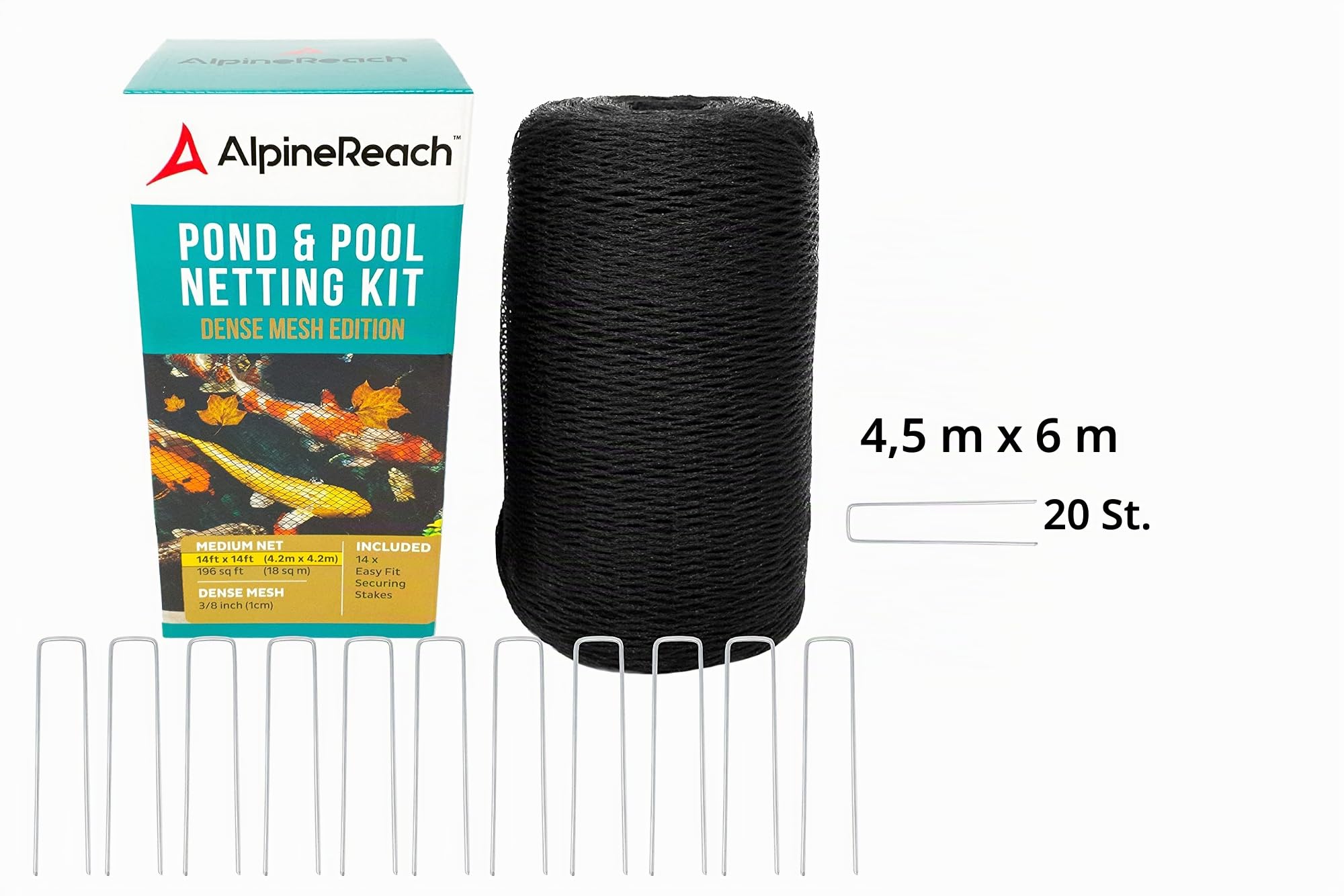 AlpineReach 4,5m x 6m Teichnetz & Erdanker aus Stahl - feinmaschig (10x10mm) Vogelschutznetz Vogelnetz, Netz für Blätter, Schützt Koifische vor Blaureihern, Vögeln UV eständig Schwarz Wiederverwendbar