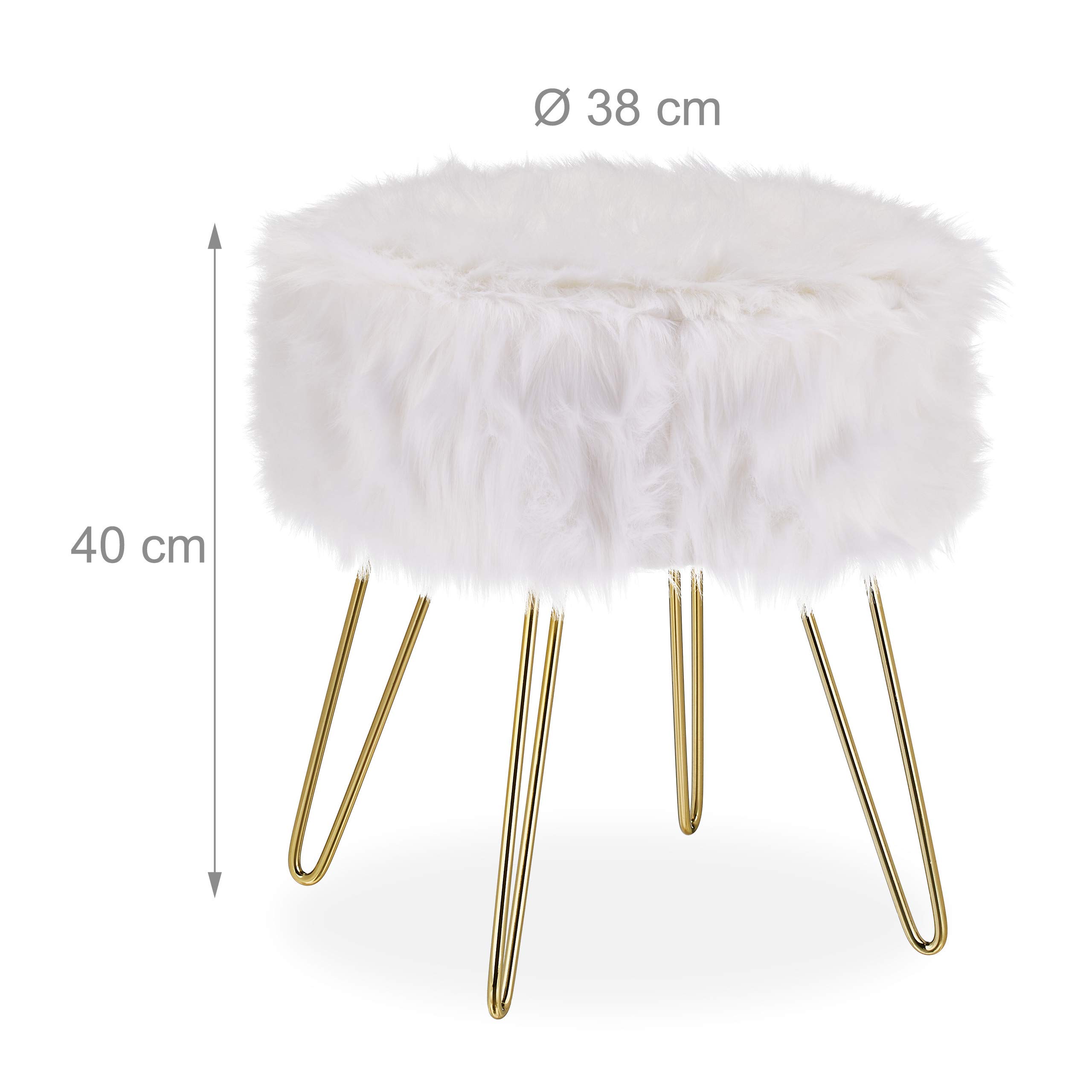 Relaxdays Tabouret en Fourrure, synthétique, Structure métallique, Ronde, Moelleuse, élégant HxD 40x38 cm, Blanc/doré