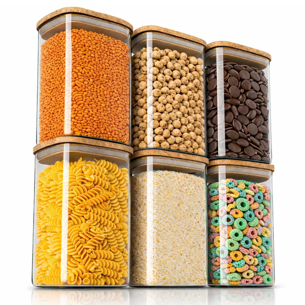 Arendo - Vorratsgläser mit Deckel 1650ml - 6er Set - Behälter aus Glas – hitzebeständig – Vorratsdosen mit Bambusdeckel - luftdicht - für Müsli Zucker Mehl Kaffee Reis