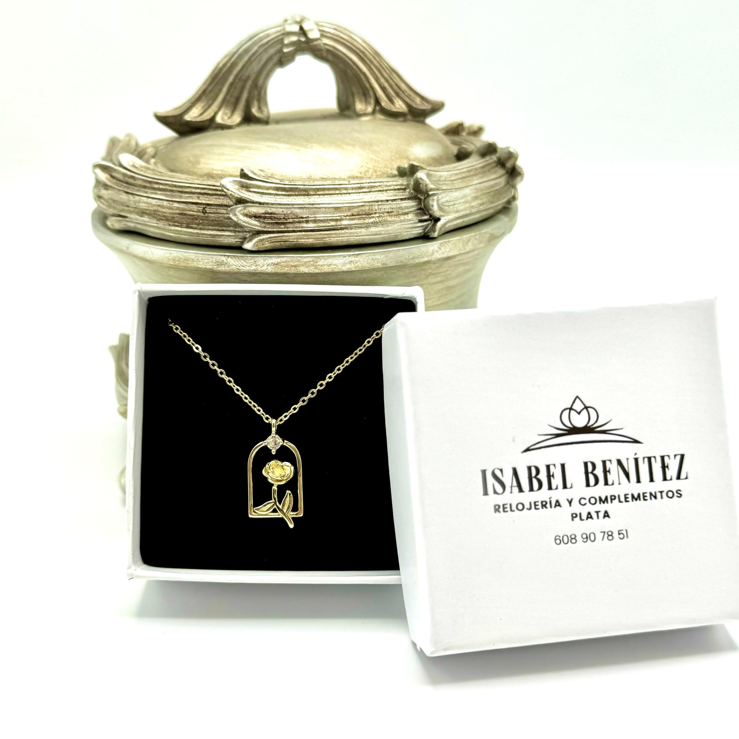 Collar Rosa Bella y Bestia en Plata de Ley 925 y Chapado en Oro con Cadena de 40cm + Alargador. Para mujer, madre, abuela, amiga - Regalo de Navidad, Cumpleaños, Amigo Invisible. (Oro)