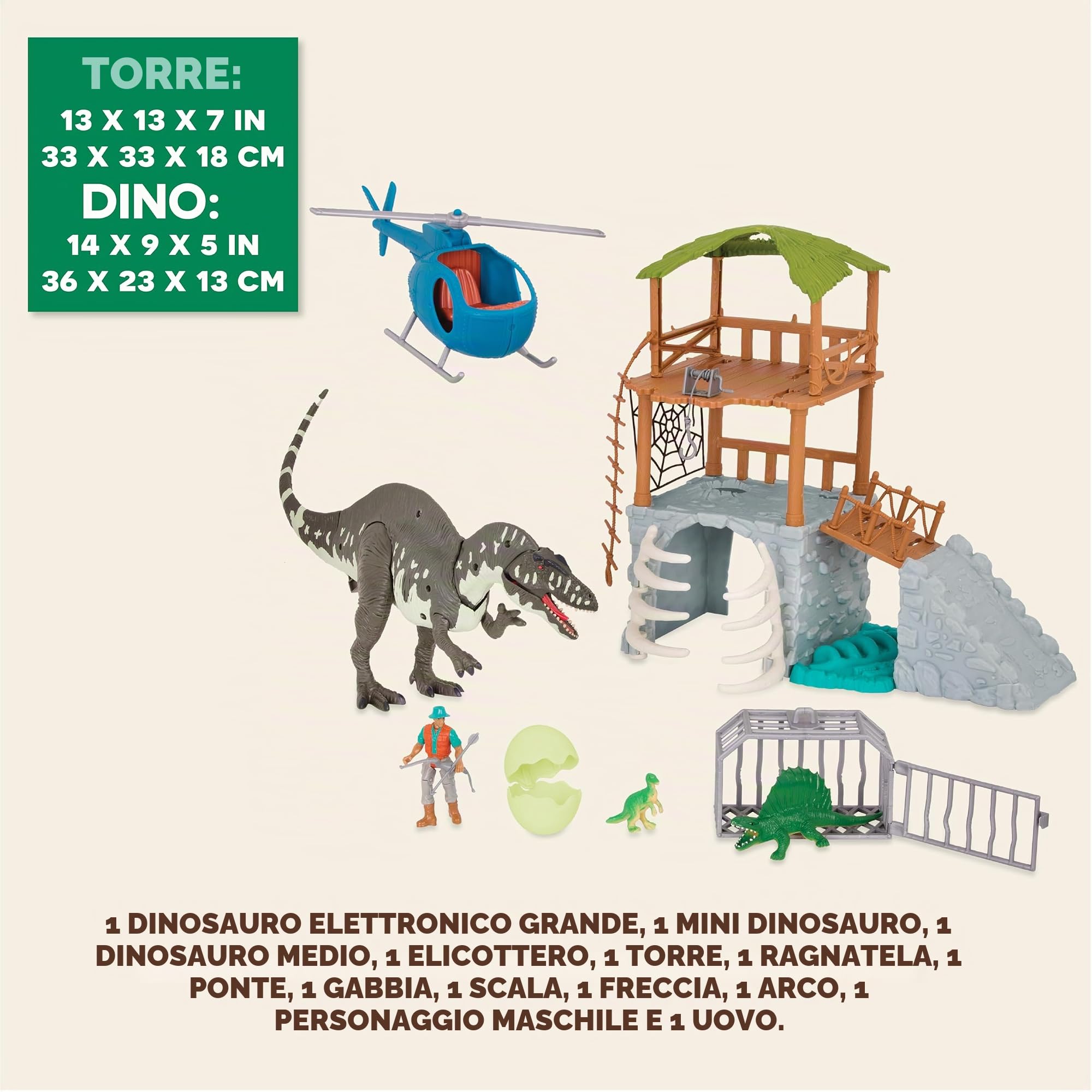 Terra by Battat Acrocanthosauro nella giungla, playset elettronico | Set da 13 con dinosauro elettronico, torre nella giungla, ponte, gabbia, elicottero, personaggio, 2 dinosauri e uovo, 3+ anni