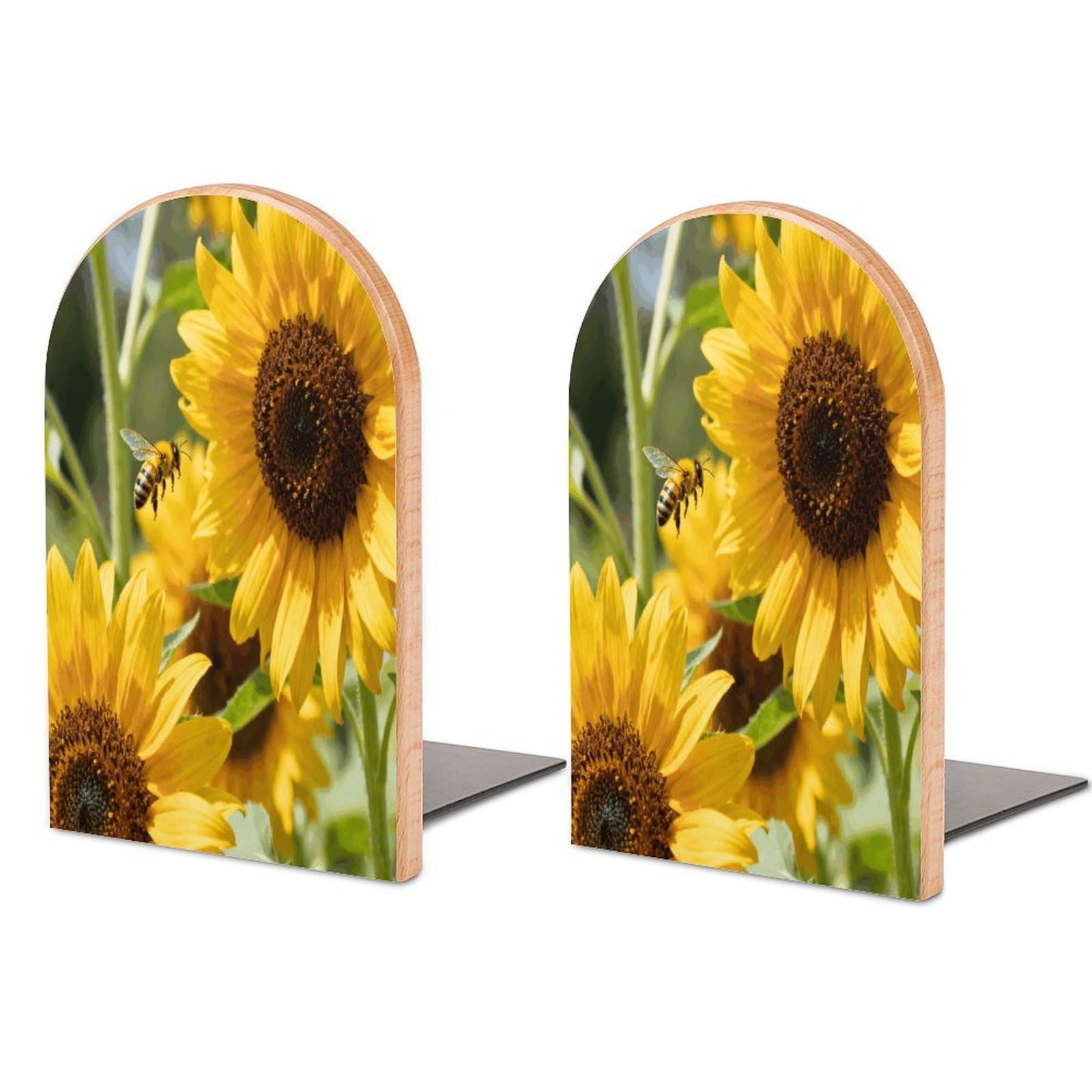 Bees Sunflowers Book Ends Wood Non-Skid Bookend for Shelves Heavy Duty Bookends with Metal Base Decorative Books Stopper Desk Organizers Book Dividers for Office Home 1 Pair