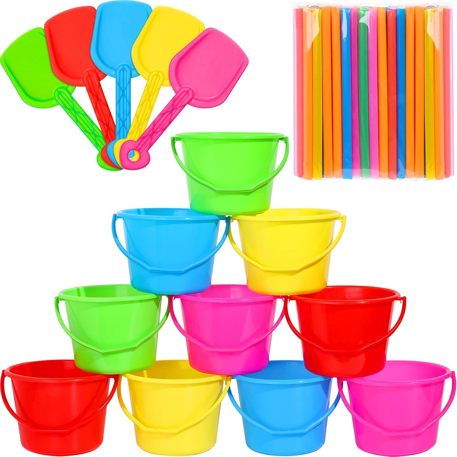 Sratte 20 Set Bucket Beach Toys Set for Kids Durable Play Sand Plastic Buckets Pail and Shovel Kit with 100 Straws for Outdoor Summer Beach Trip Holiday Party Favor Year Gifts Backyard Playtime