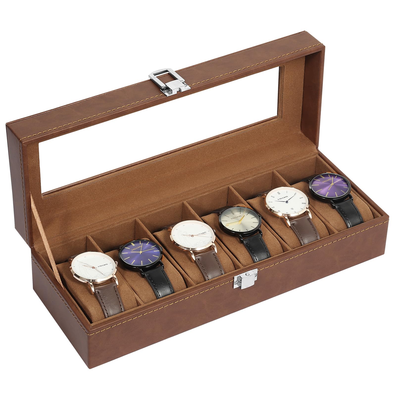 Uten 6 Slots Watch Box, PU Leather Watch Case with Glass Lid, Brown