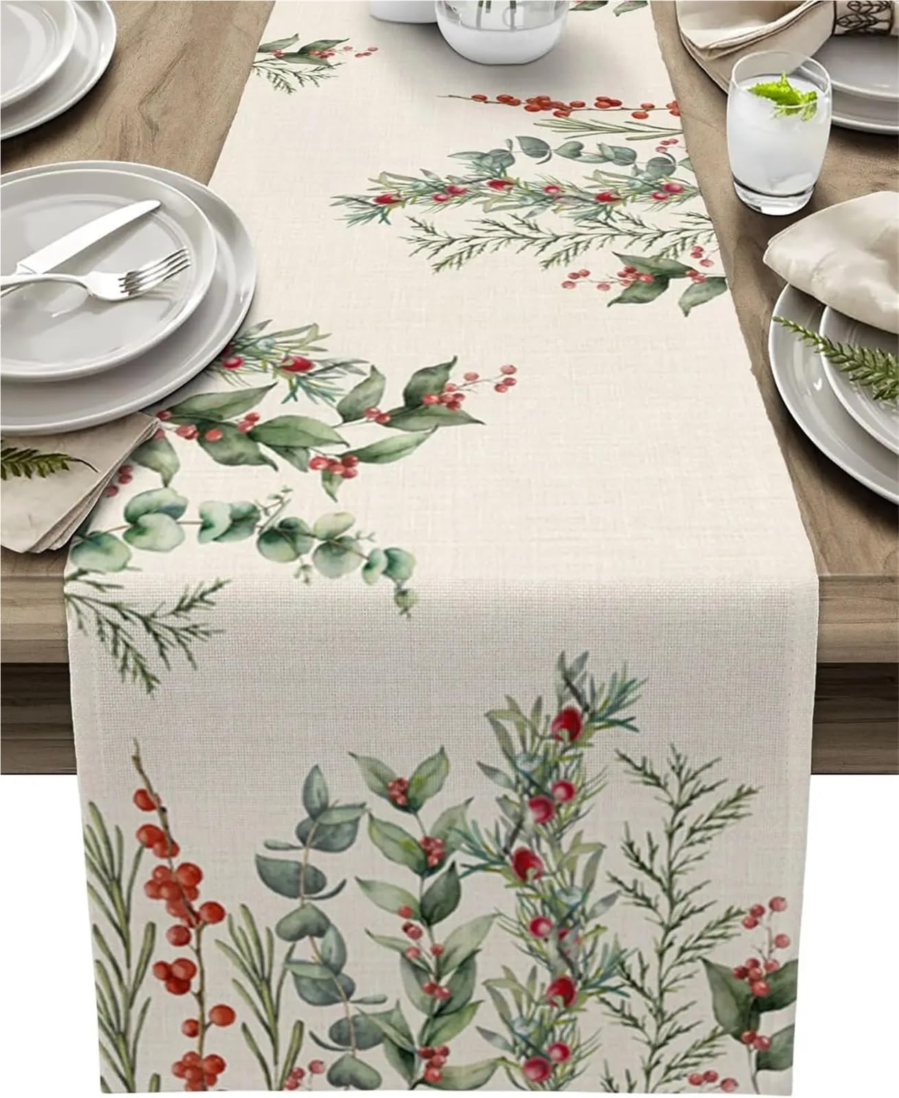 Chemin de table en lin plantes d'hiver pour réchauffer l'ambiance