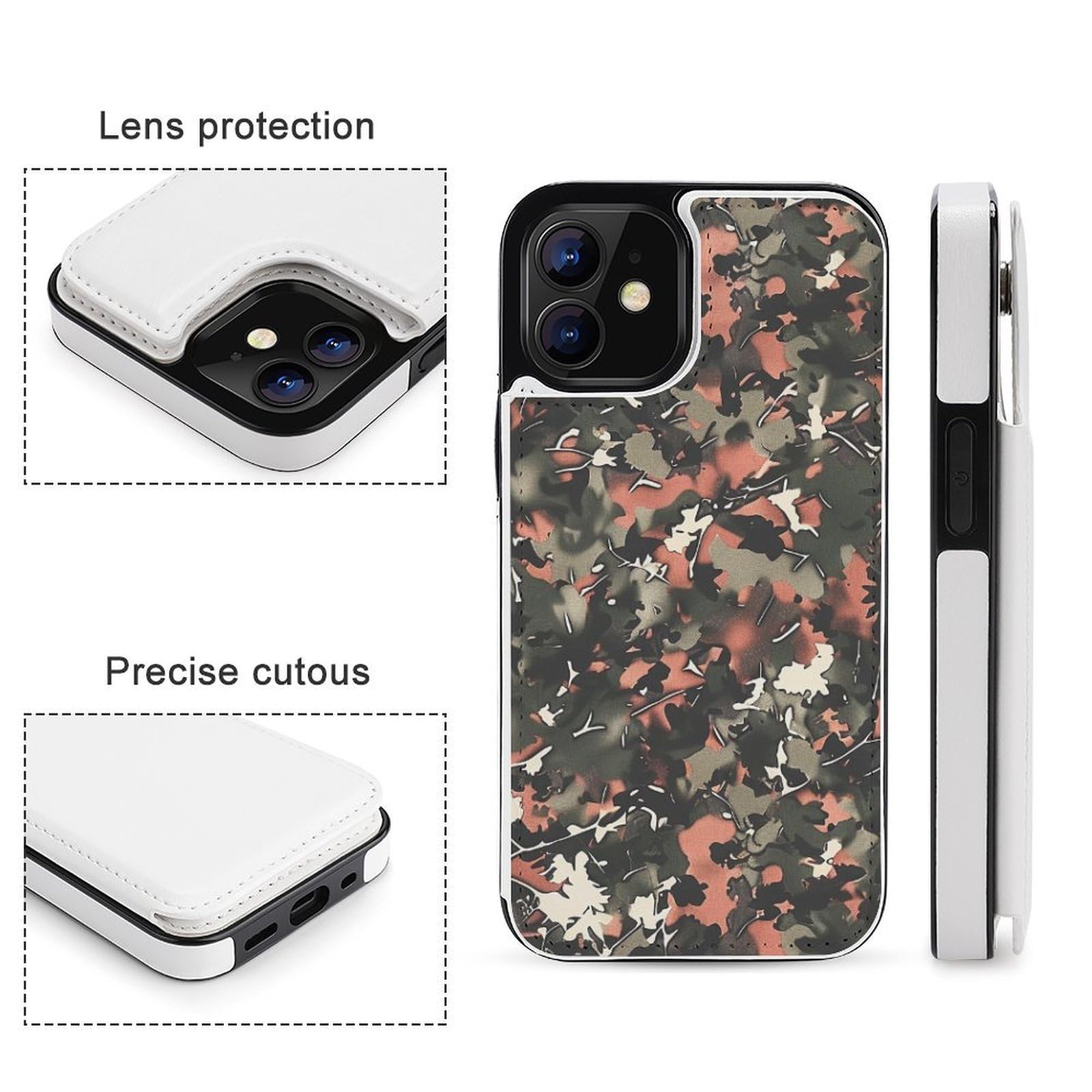 Funda tipo cartera para iPhone 12 Mini, diseño de camuflaje, de piel, con ranuras para tarjetas