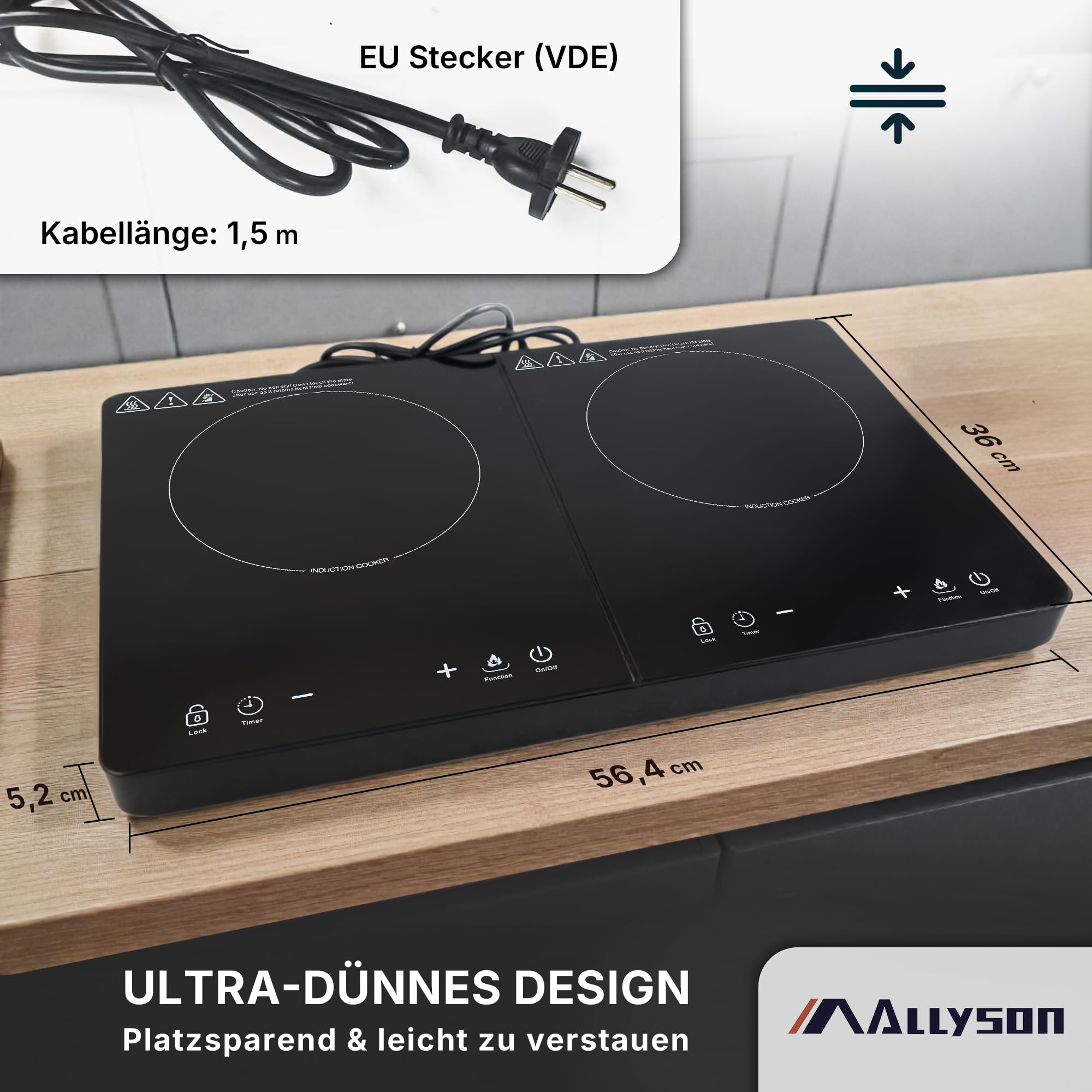 Allyson® Doppel Induktionsplatte 3500W – Mobiles Induktionskochfeld 2er Kochplatte Einbaubar & Tragbar, 2 Kochfelder mit Touch-Control, Timer, Kindersicherung & Überhitzungsschutz – Schwarz