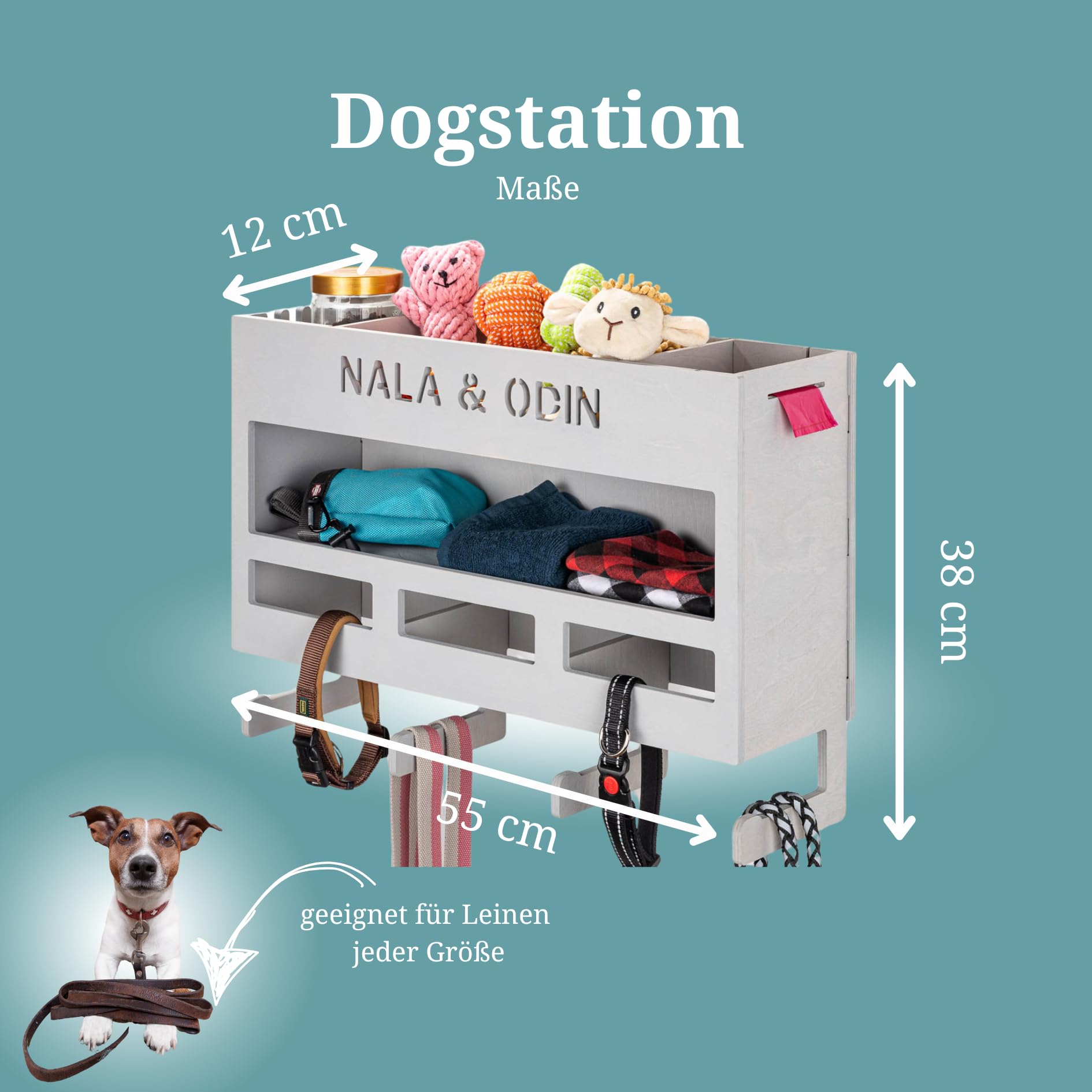 INEXTERIOR – Hundegarderobe XXL personalisierbar mit Ablage & Leinenhalter in Grau - Hundezubehör Dogstation für Hundeleinen, Spielzeug & Leckerlis aus Birkenholz - Mit Kotbeutelspender & Montagekit