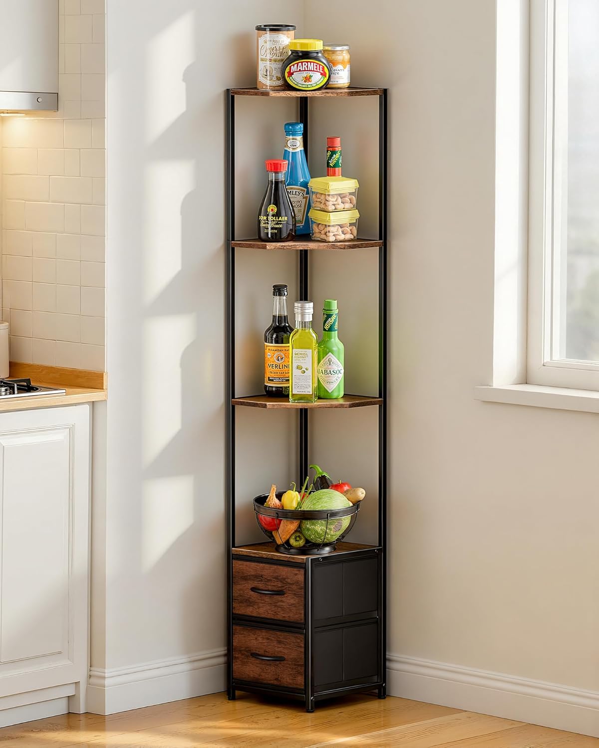 Housolution Corner Shelf Stand with Storage, 63.4'' Tall 6-Tier Corner Bookshelf Includes Fabric Drawers, Freestanding Corners Storage Shelf for Living Room Bedroom Kitchen Bathroom (Black + Brown)
