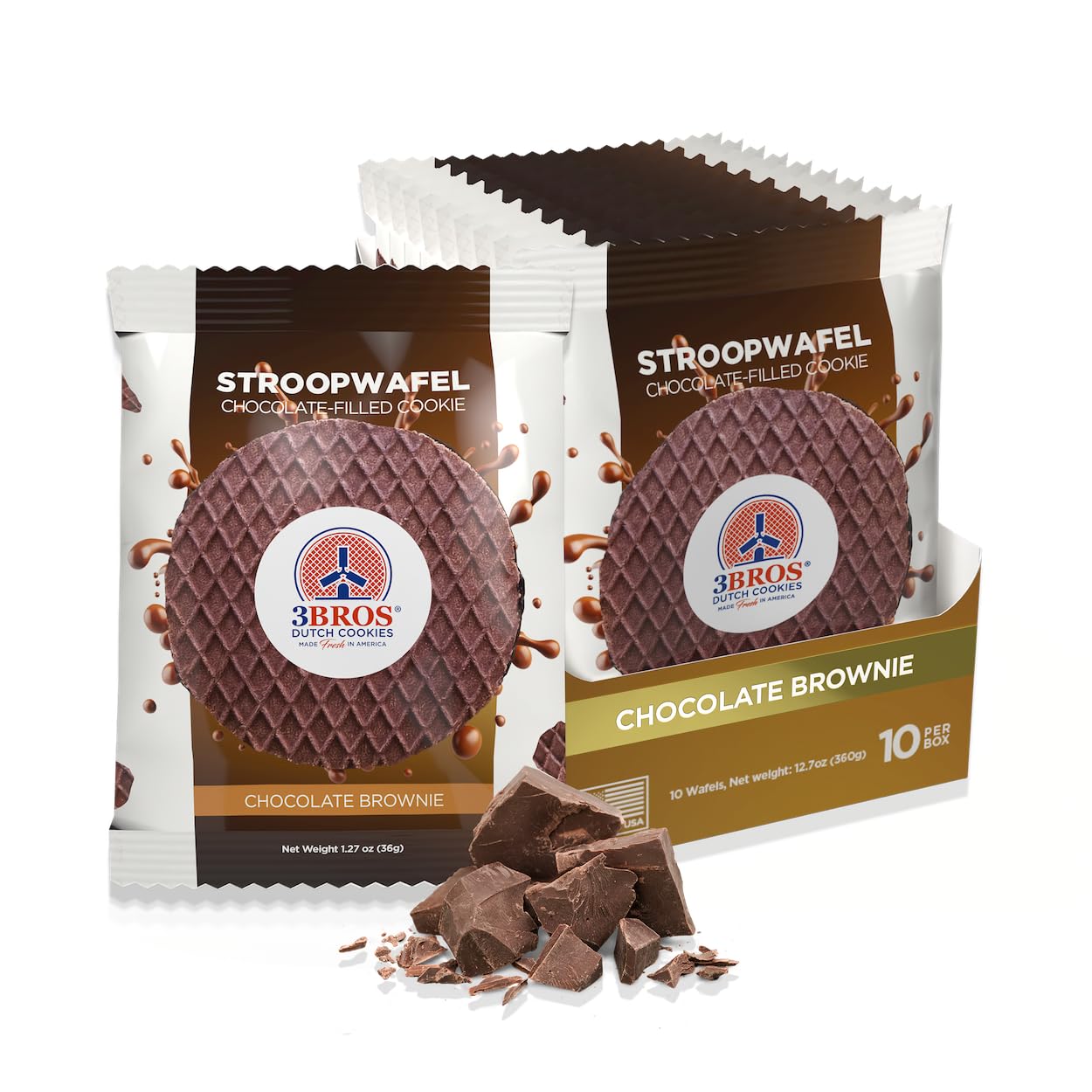 3Bros Stroopwafels, Galletas Tipo Waffle Rellenas de Caramelo, 10 Unidades
